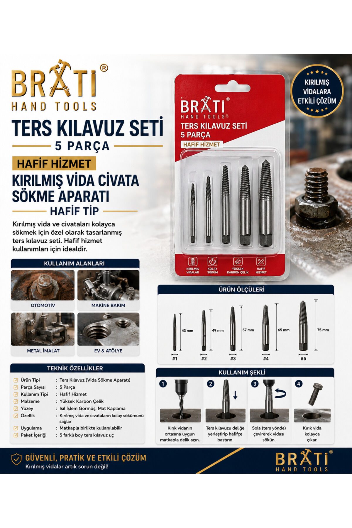 Ters Kılavuz Seti 5 Parça Hafif Hizmet Kırılmış Vida Civata Sökme Aparatı Hafif Tip