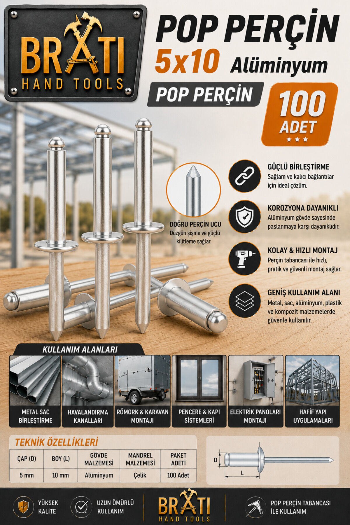 M5x10 Alüminyum Pop Perçin 100lü Paket Pop Perçim 100 Adet