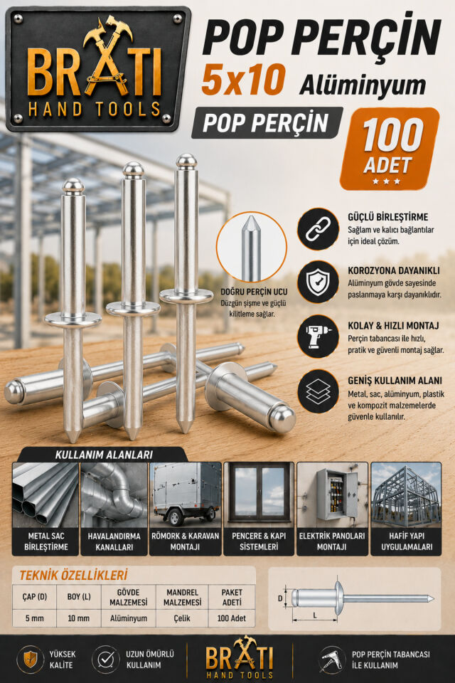 M5x10 Alüminyum Pop Perçin 100lü Paket Pop Perçim 100 Adet
