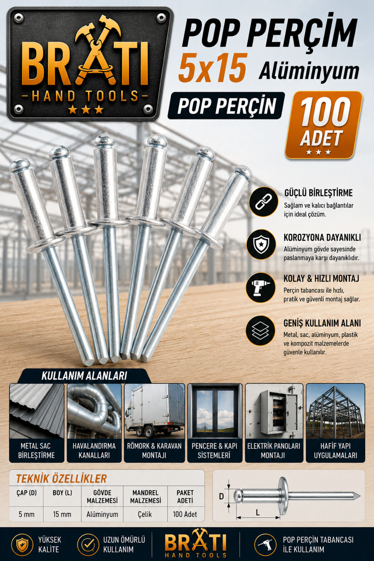 5x15 Alüminyum Pop Perçin 100 Adet Pop Perçim