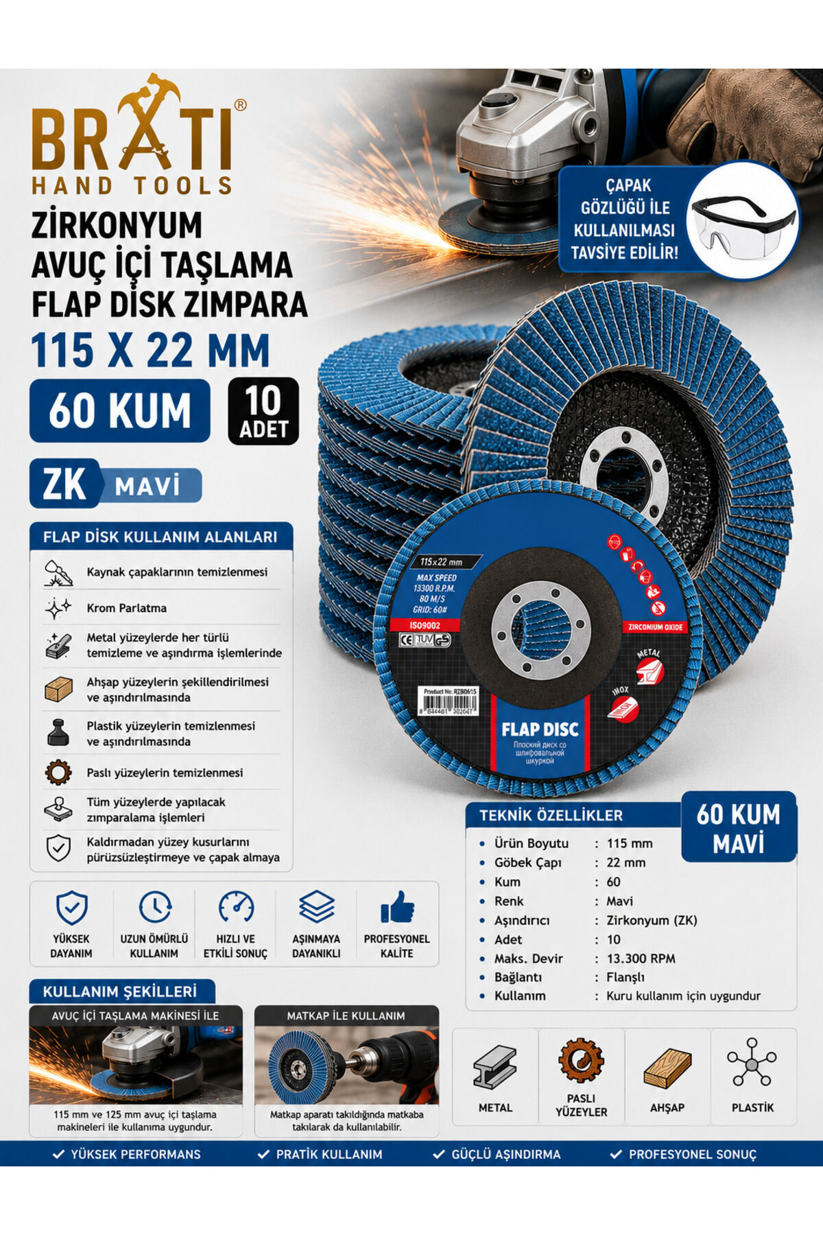 Zirkonyum Avuç İçi Taşlama Flap Disk Zımpara 115 X 22 Mm 60 Kum ZK Flap (10 ADET)