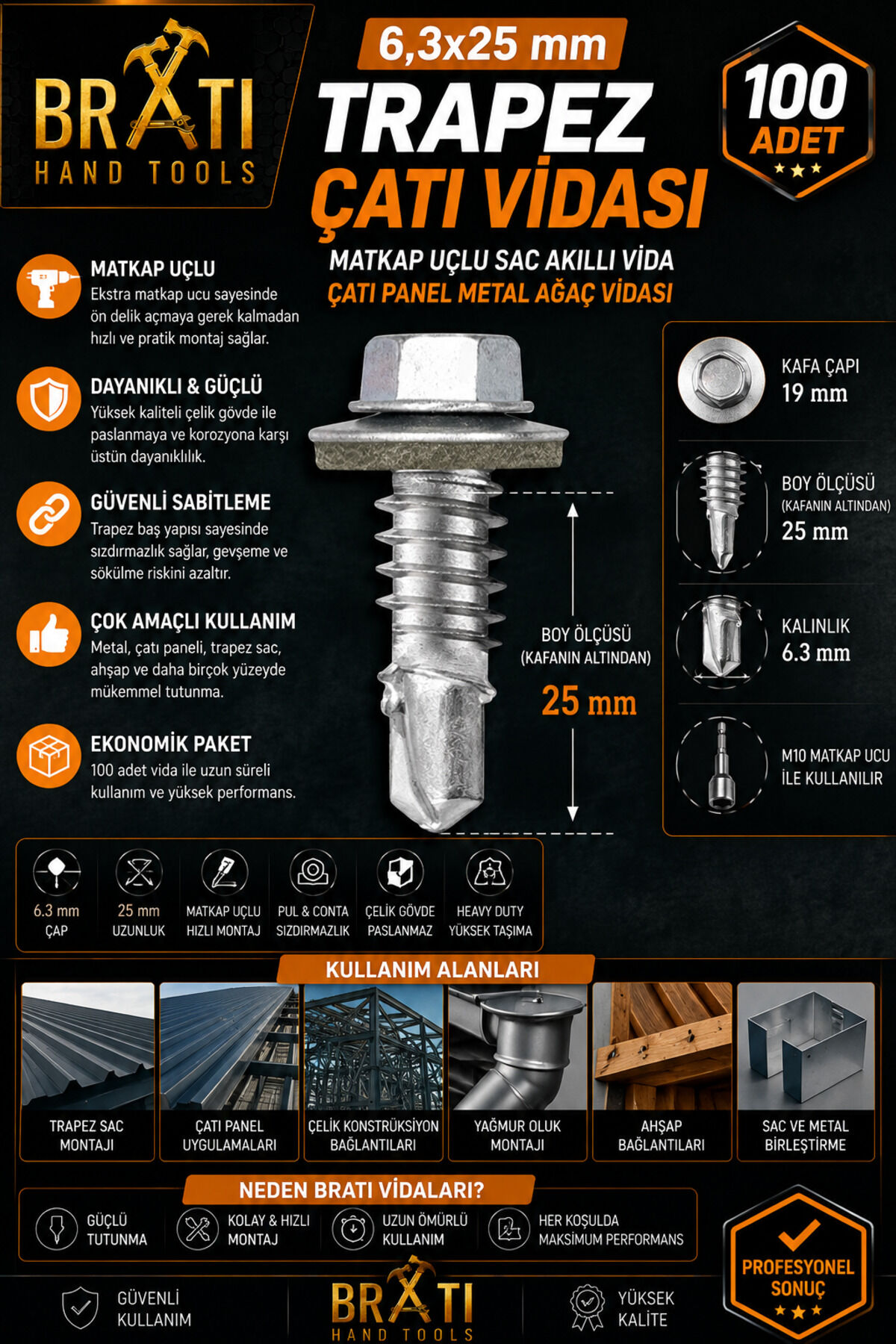 6.3X25 Trapez Çatı Vidası Panel Vidası M10 Adaptörlü 100 Adet Trapez Vida