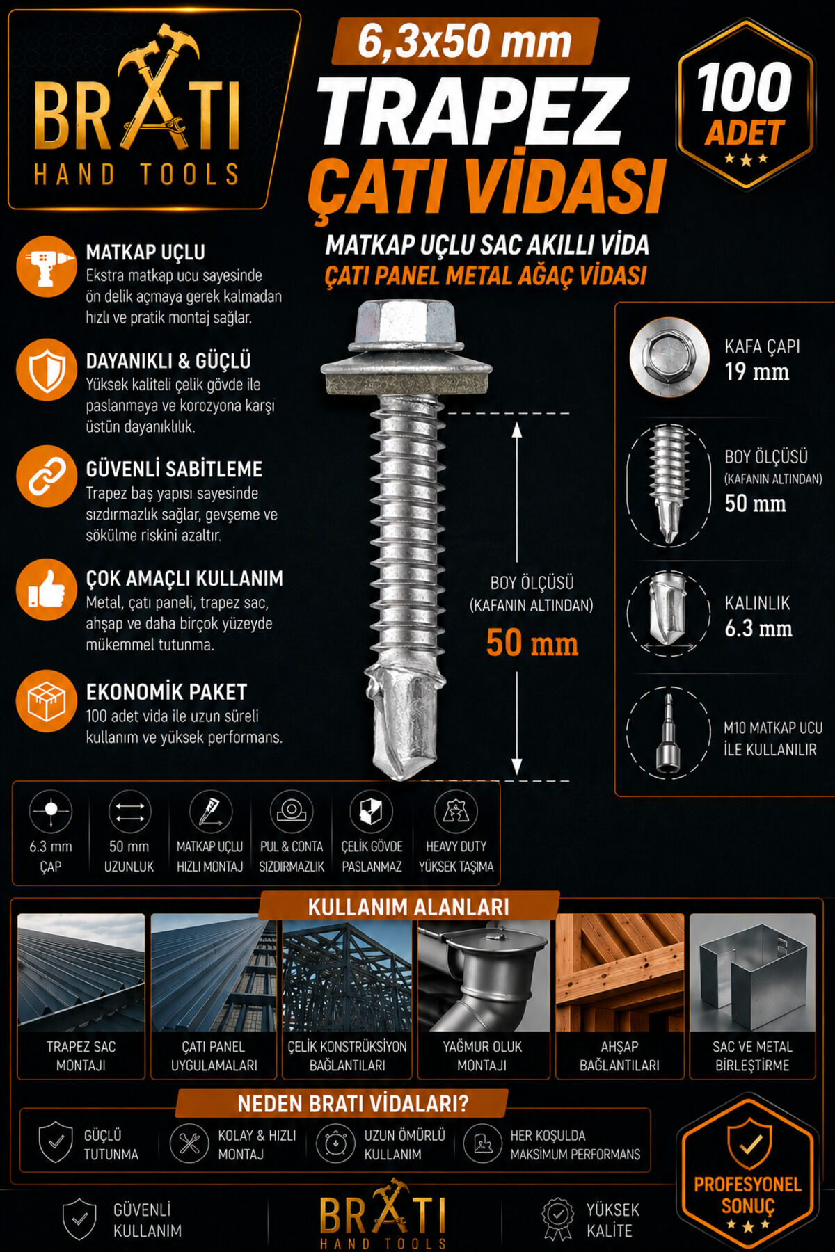 6.3X50 Çatı Trapez Çatı Vidası Panel Vidası M10 Adaptör Ve 100 Adet Trapez Vida