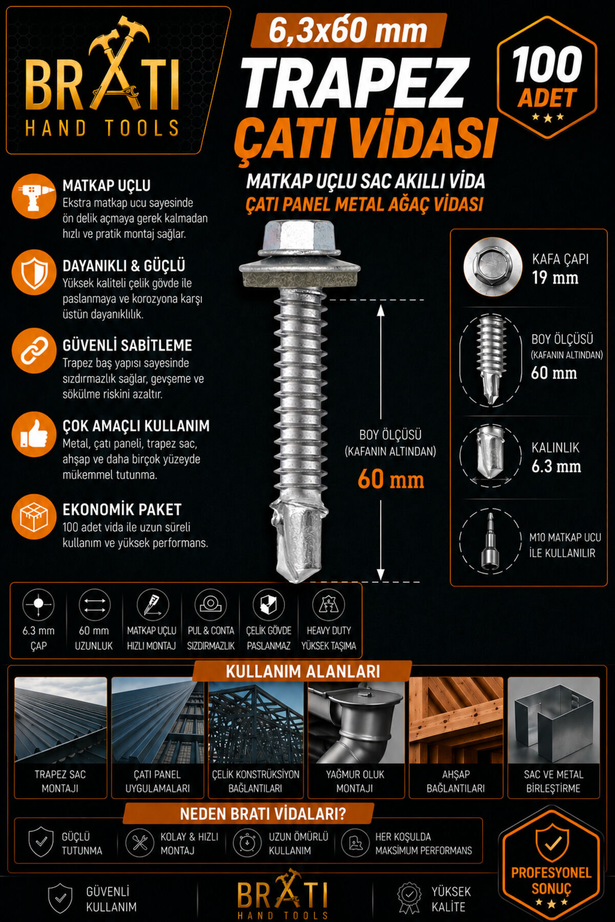 6.3X60 Çatı Trapez Çatı Vidası Panel Vidası M10 Adaptörlü ve 100 Adet Trapez Vida Çatı Vidası