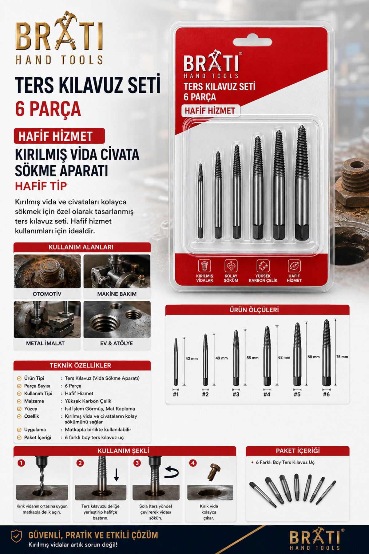 Ters Kılavuz Seti 6 Parça Hafif Hizmet Kırılmış Vida Cıvata Sökme Aparatı Hafif Tip