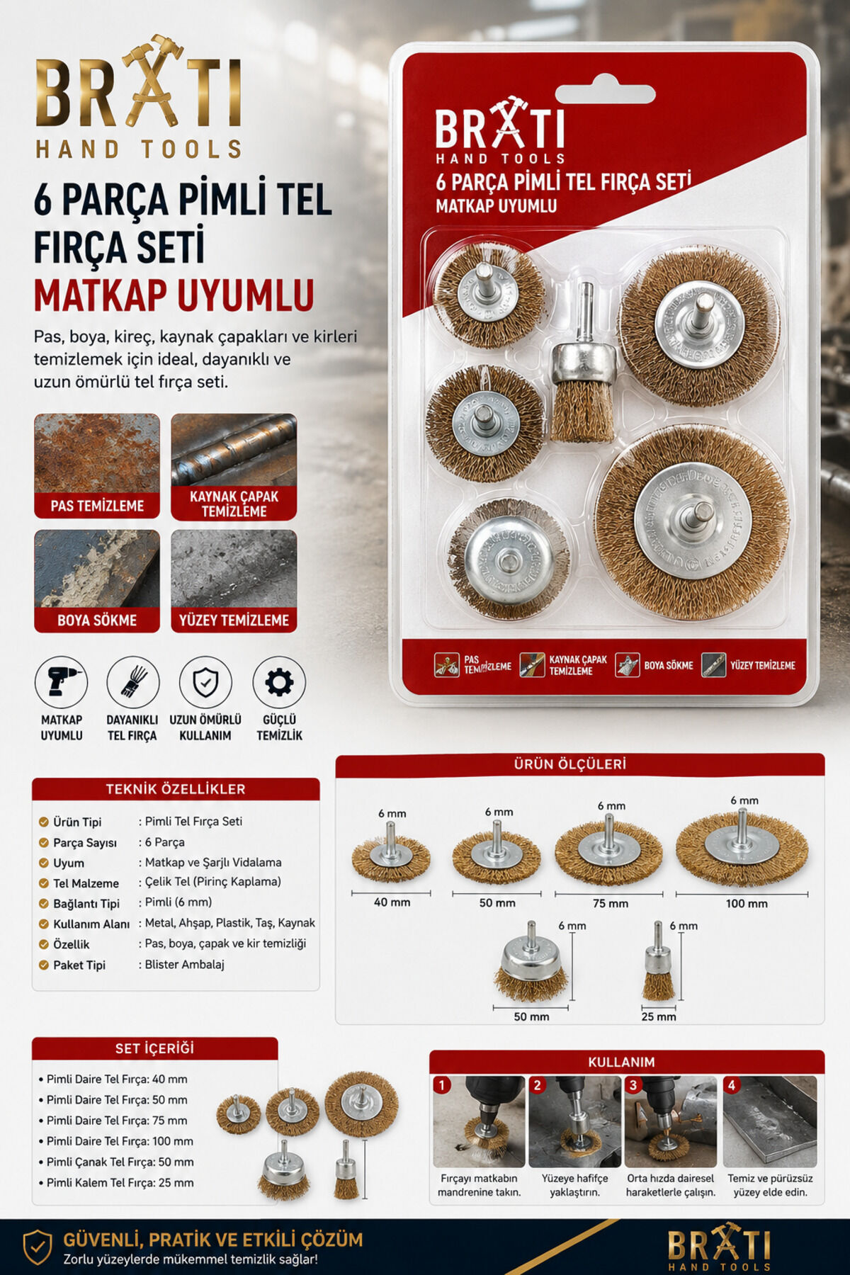 6 Parça Pimli Tel Fırça Seti Matkap Uyumlu