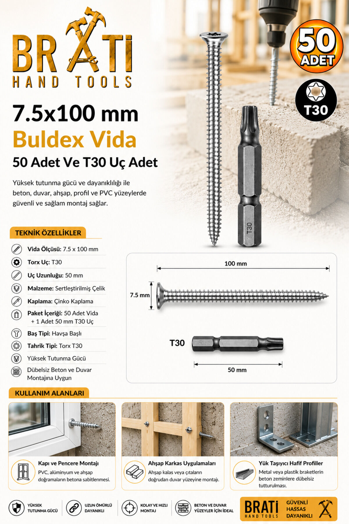 7.5x100 mm Buldex Vida 50 Adet Sivri Uçlu Dübelsiz Beton Vidası Tork Duvar Vidası Buldeks Ve T30 x 50 mm Tork Uç