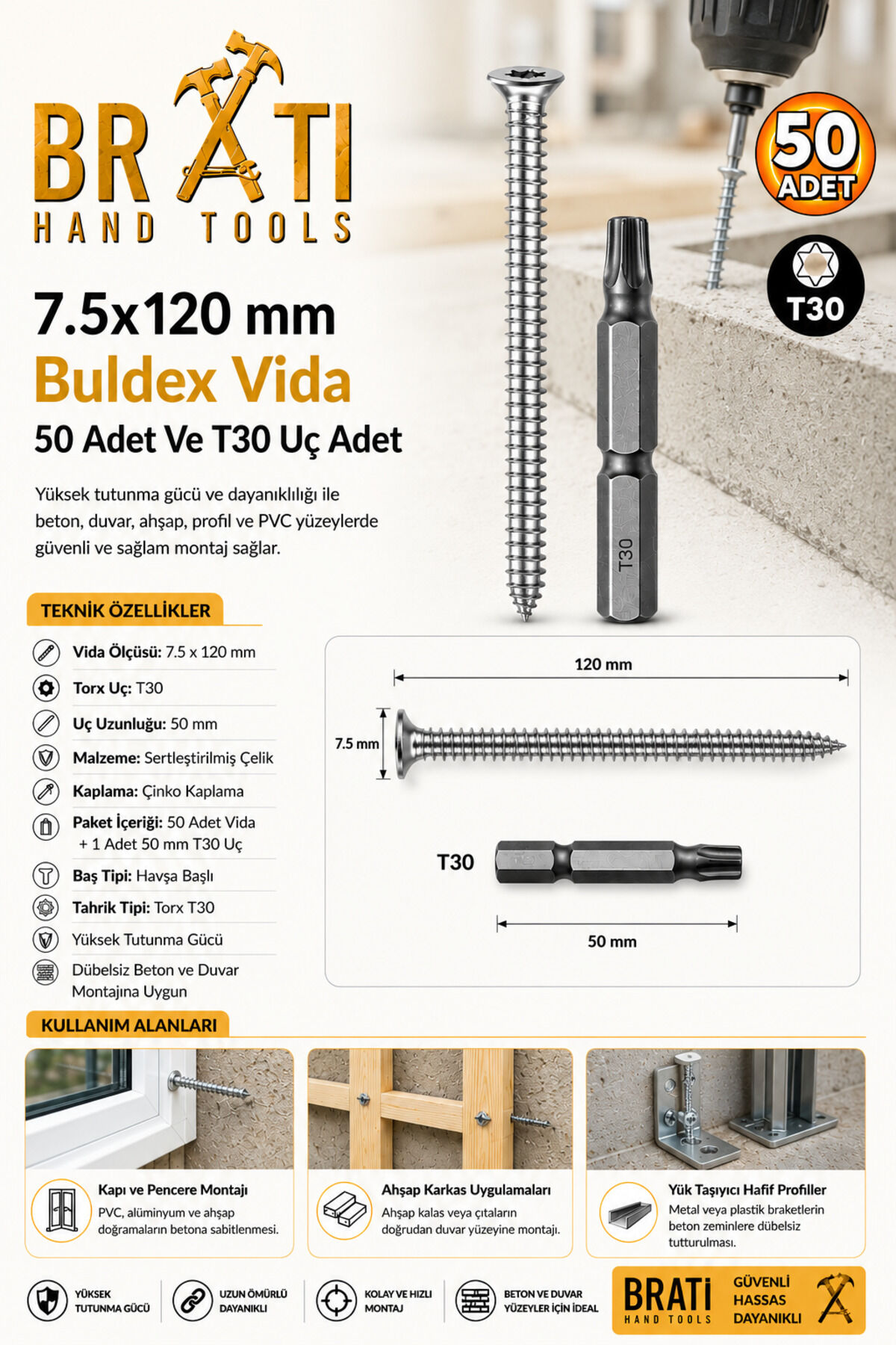 7.5x120 mm Buldex Vida 50 Adet Sivri Uçlu Beton Vidası Tork Duvar Vidası Buldeks Ve T30x50mm Torx Uç