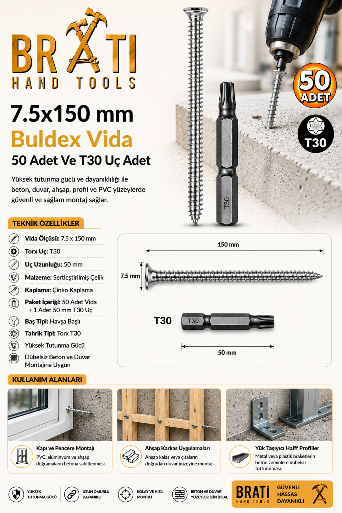Buldex Vida 7.5x150 mm 50'Li Paket Sivri Uçlu Dübelsiz Beton Vidası Tork Duvar Vidası Buldeks Ve T30 Torx Uç