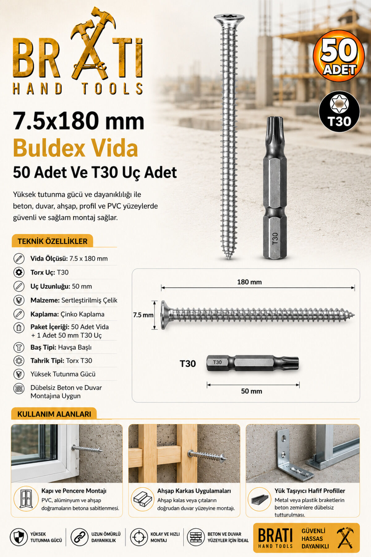 Buldex Vida 7.5x180 mm 50'Li Paket Sivri Uçlu Beton Vidası Tork Duvar Vidası Buldeks Ve T30 Tork Uç