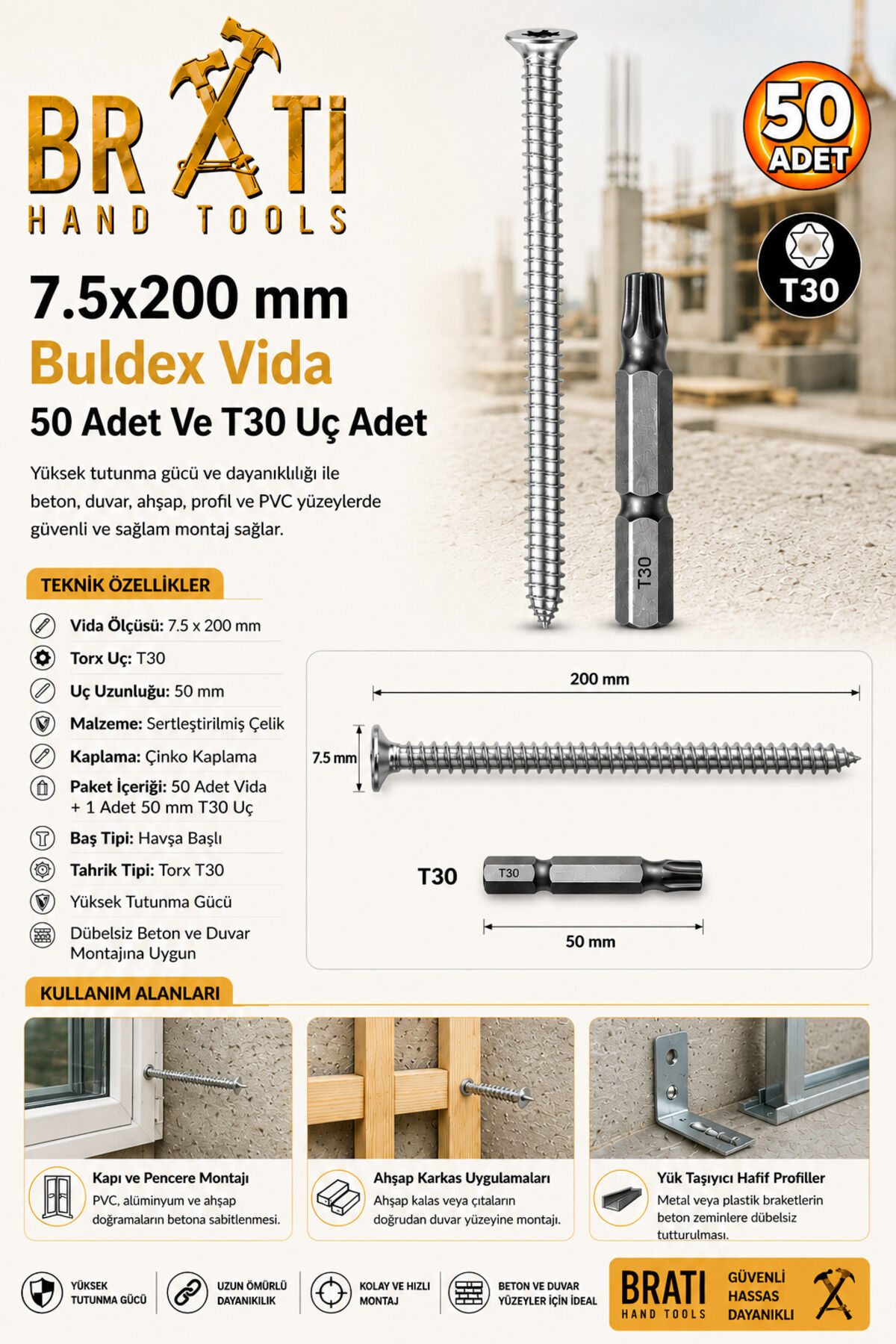 Buldex Vida 7.5x200 mm 50 Adet Sivri Uçlu Dübelsiz Beton Vidası Torx Duvar Vidası Buldeks Ve T30x50mm Tork Uç