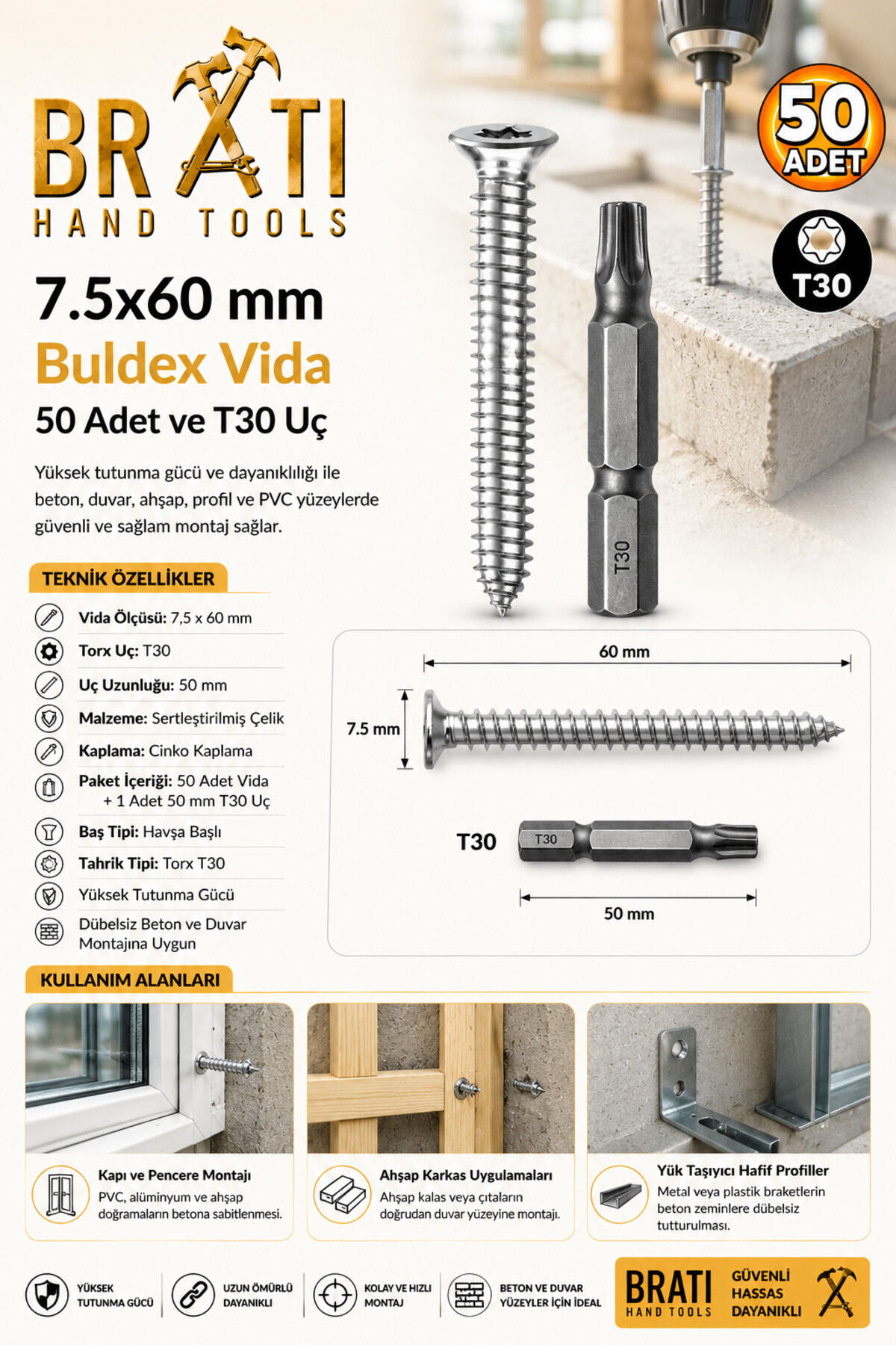 7.5x60 mm Buldex Vida 50 Adet Sivri Uçlu Dübelsiz Beton Vidası Tork Duvar Vidası Buldeks Ve T30 x 50 mm Uç