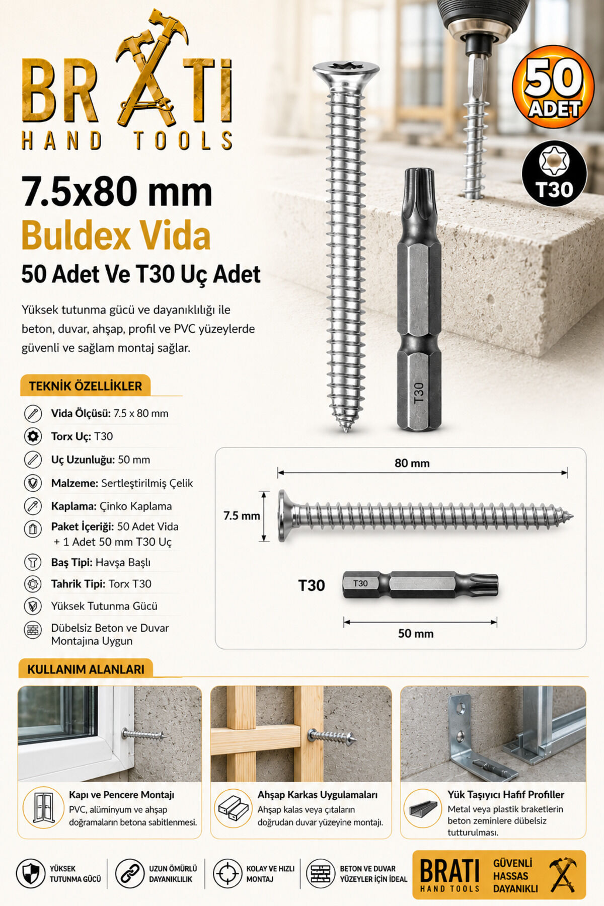 7.5x80 mm Buldex Vida 50 Adet Sivri Uçlu Beton Vidası Tork Duvar Vidası Buldeks Ve T30 x 50 mm Uç