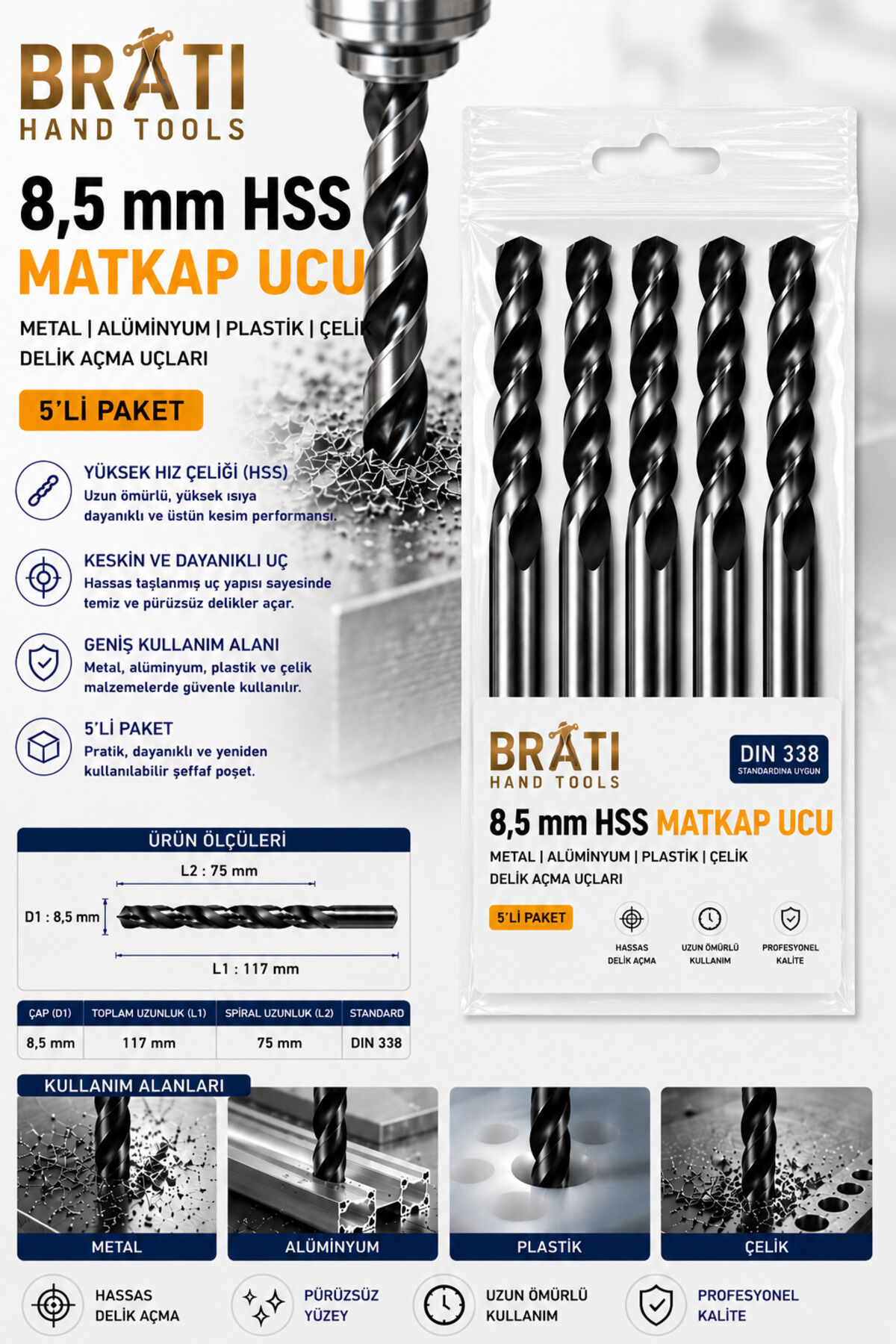 8,5 Mm Hss Matkap Ucu 5'lİ Paket Metal Alüminyum Ahşap Plastik Çelik Delme Uç Delik Açma Uçları