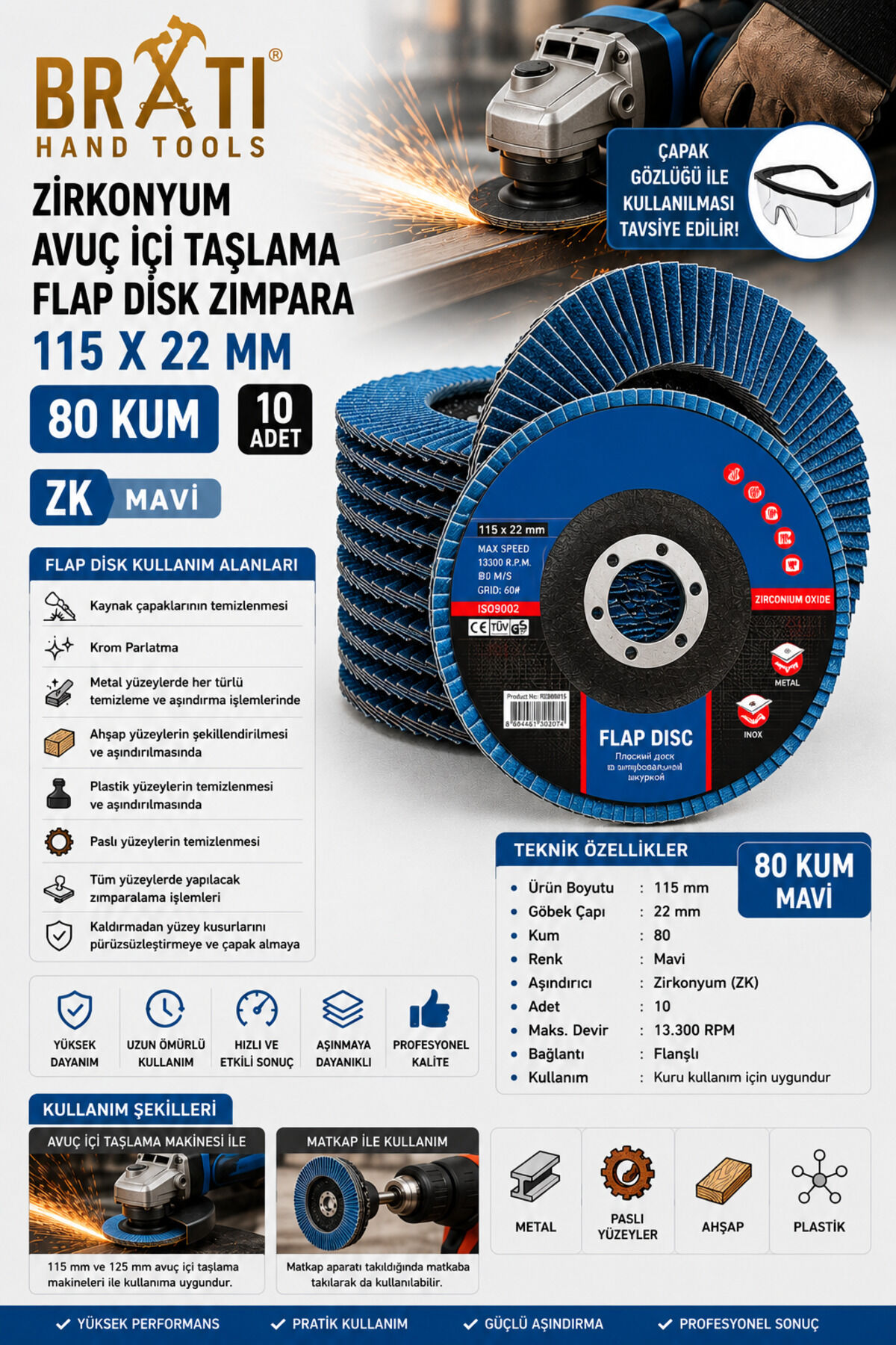 Zirkonyum ZK Flap Dizk Avuç İçi Taşlama Flap Disk Zımpara 115 X 22 Mm 80 Kum (10 ADET)