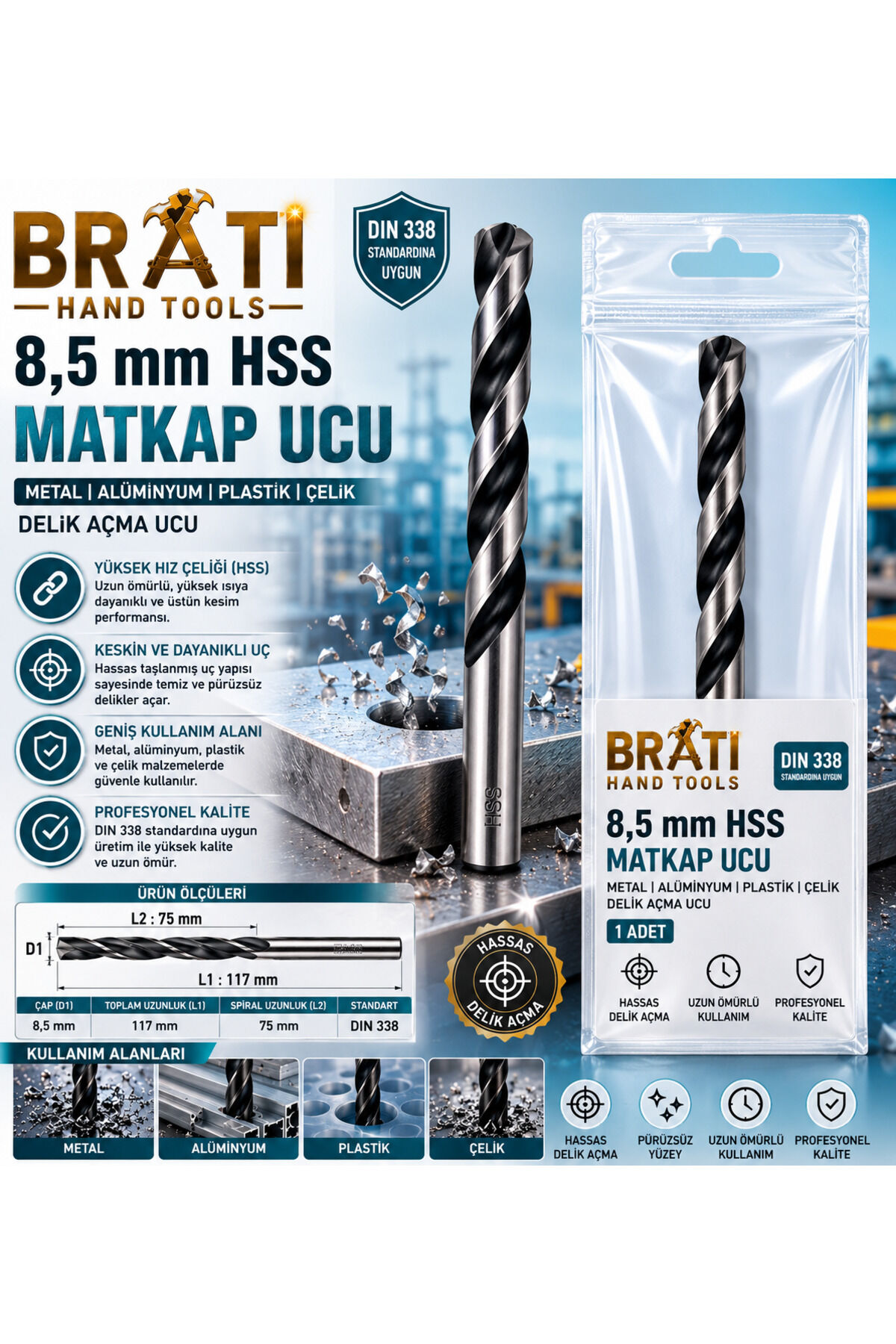 8,5 Mm Matkap Ucu Metal Alüminyum Ahşap Plastik Çelik Delme Uç Delik Açma Ucu 1 Adet