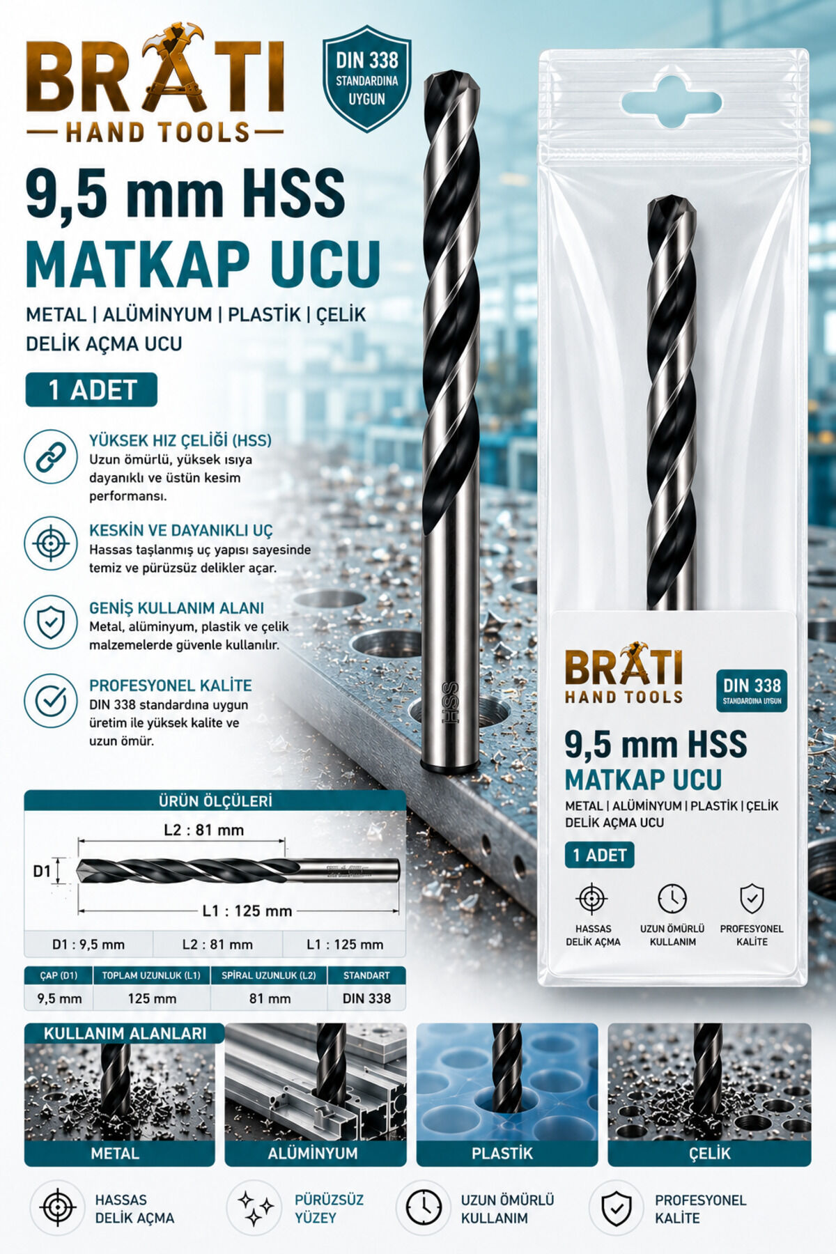9,5 Mm Hss Matkap Ucu 1 Adet Metal Alüminyum Ahşap Plastik Çelik Delme Uç Delik Açma Ucu