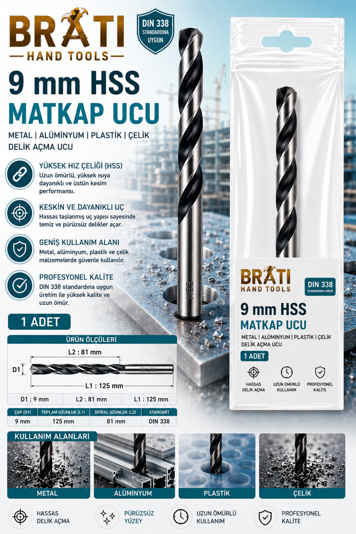 9 Mm Matkap Ucu Metal Alüminyum Ahşap Plastik Çelik Delme Uç 9mm Delik Açma Ucu 1 Adet