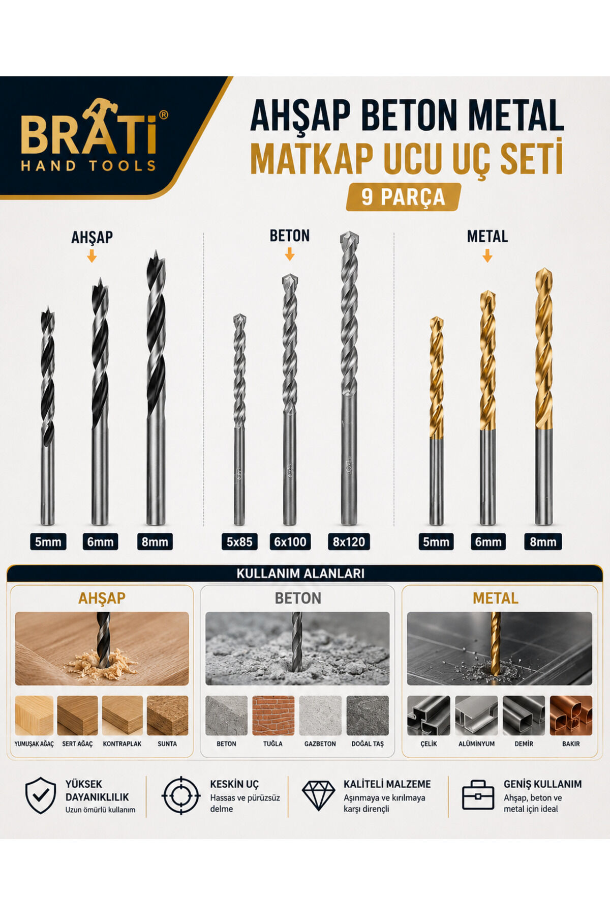 Ahşap Metal Beton Matkap Uç Seti 9 Parça Matkap Ucu Delme Seti Matkap Uç Seti Delme Ucu
