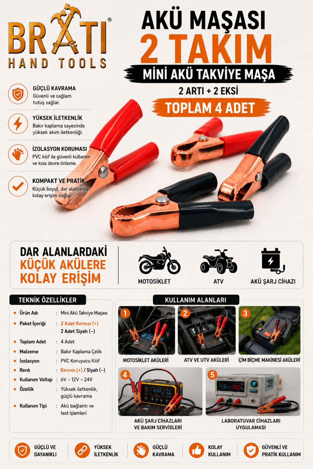 Akü Maşası 2 Takım Mini Akü Takviye Maşa 2 Artı 2 Eksi Toplam 4 Adet