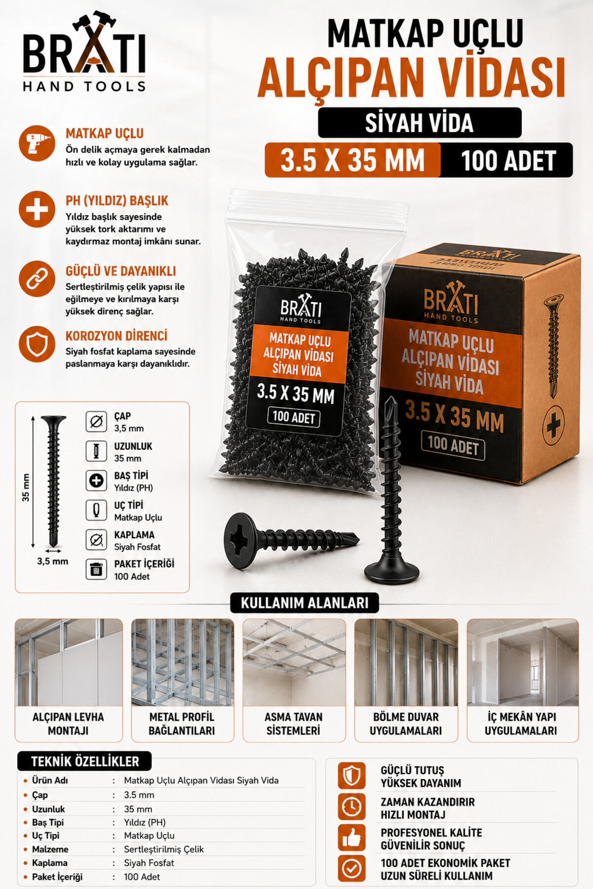 Matkap Uçlu Alçıpan Vidası Siyah Vida 3.5 X 35 Mm 100 Adet