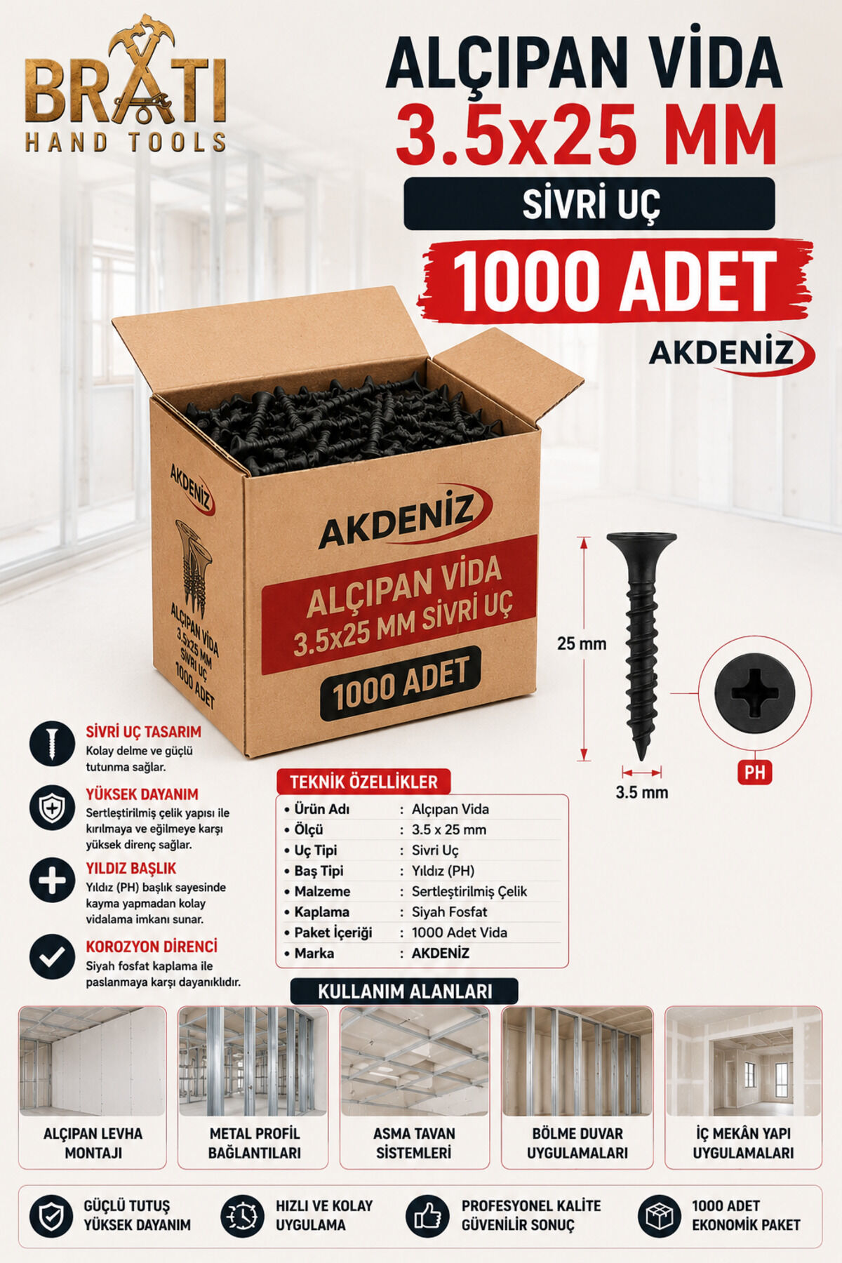 Alçıpan Vida 3.5x25 Mm Sivri Uç 1000 Adet Akdeniz