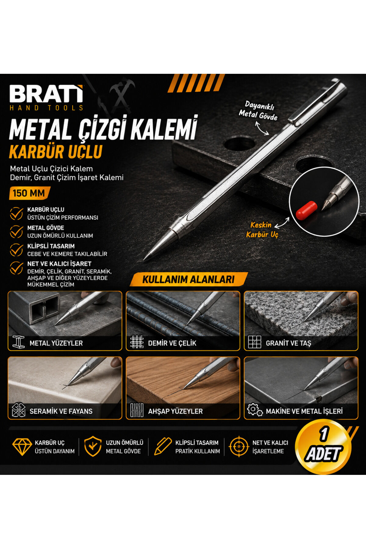 Karbür Uçlu Çizgi Kalemi Metal Uçlu Çizici Kalem Demir Granit Çizim İşaret Kalemi 150 Mm