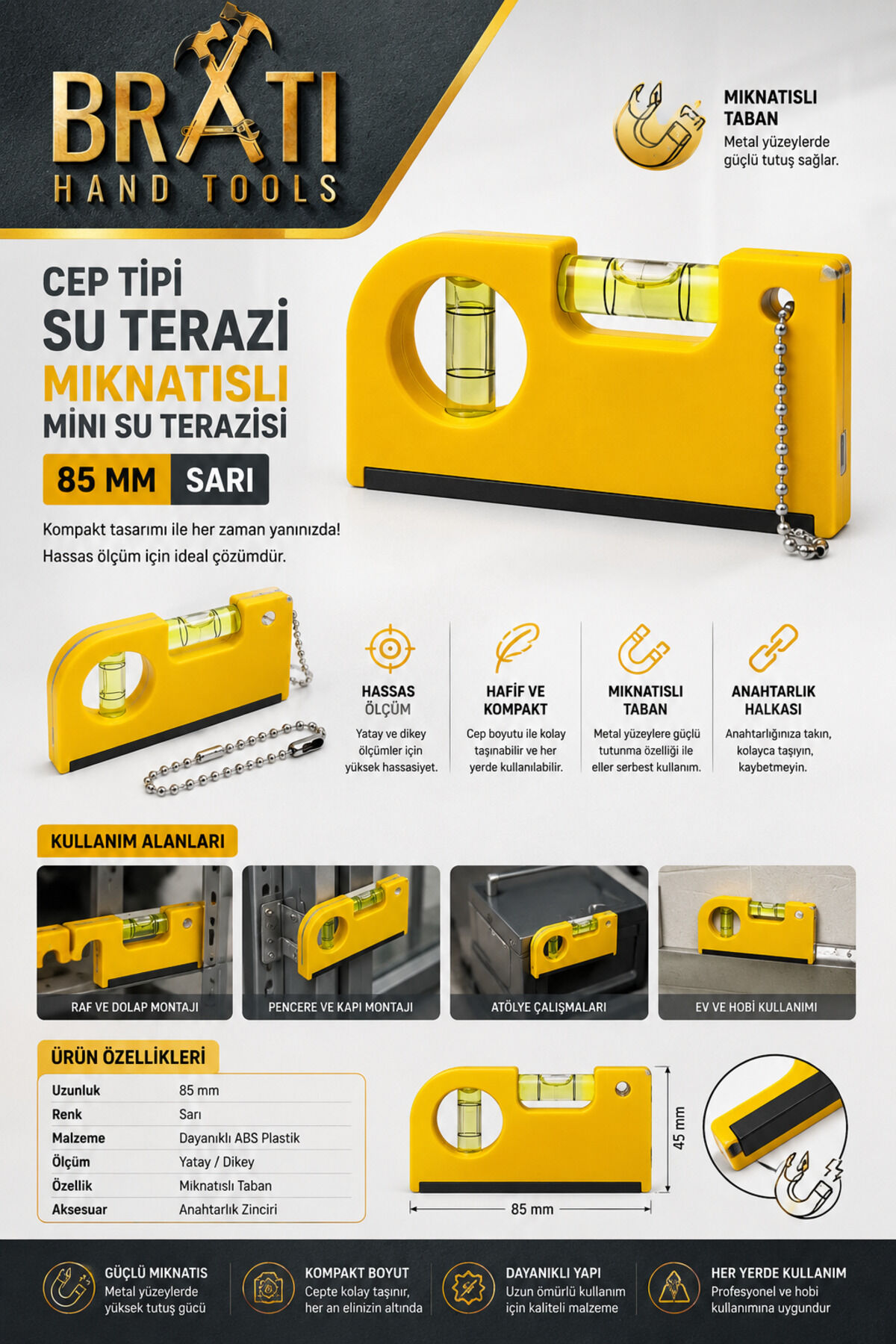 Cep Tipi Su Terazi Mıknatıslı Mini Su Terazisi 85 Mm Sarı
