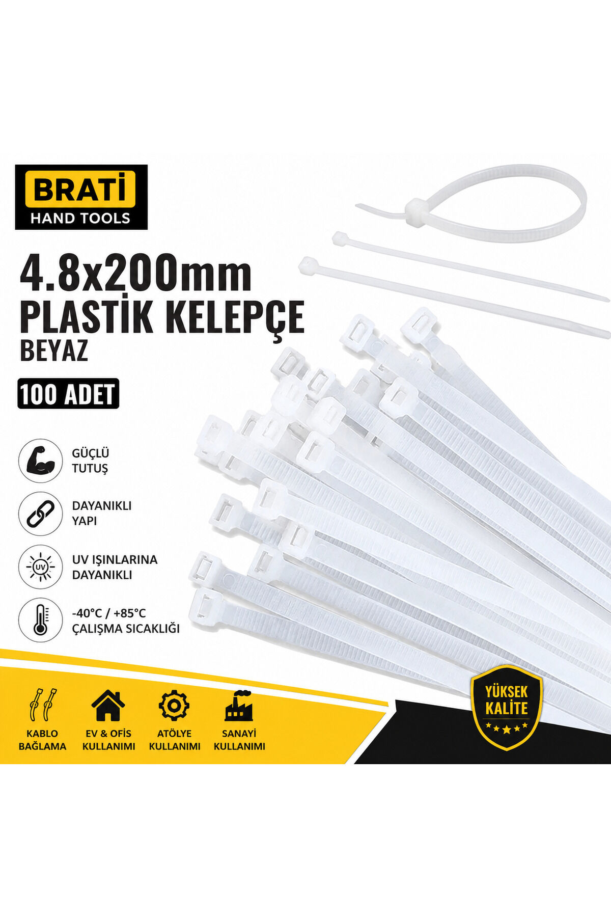 4.8X200mm Plastik Kelepçe Beyaz 100 Adet Cırt Kelepçe Kablo Bağı