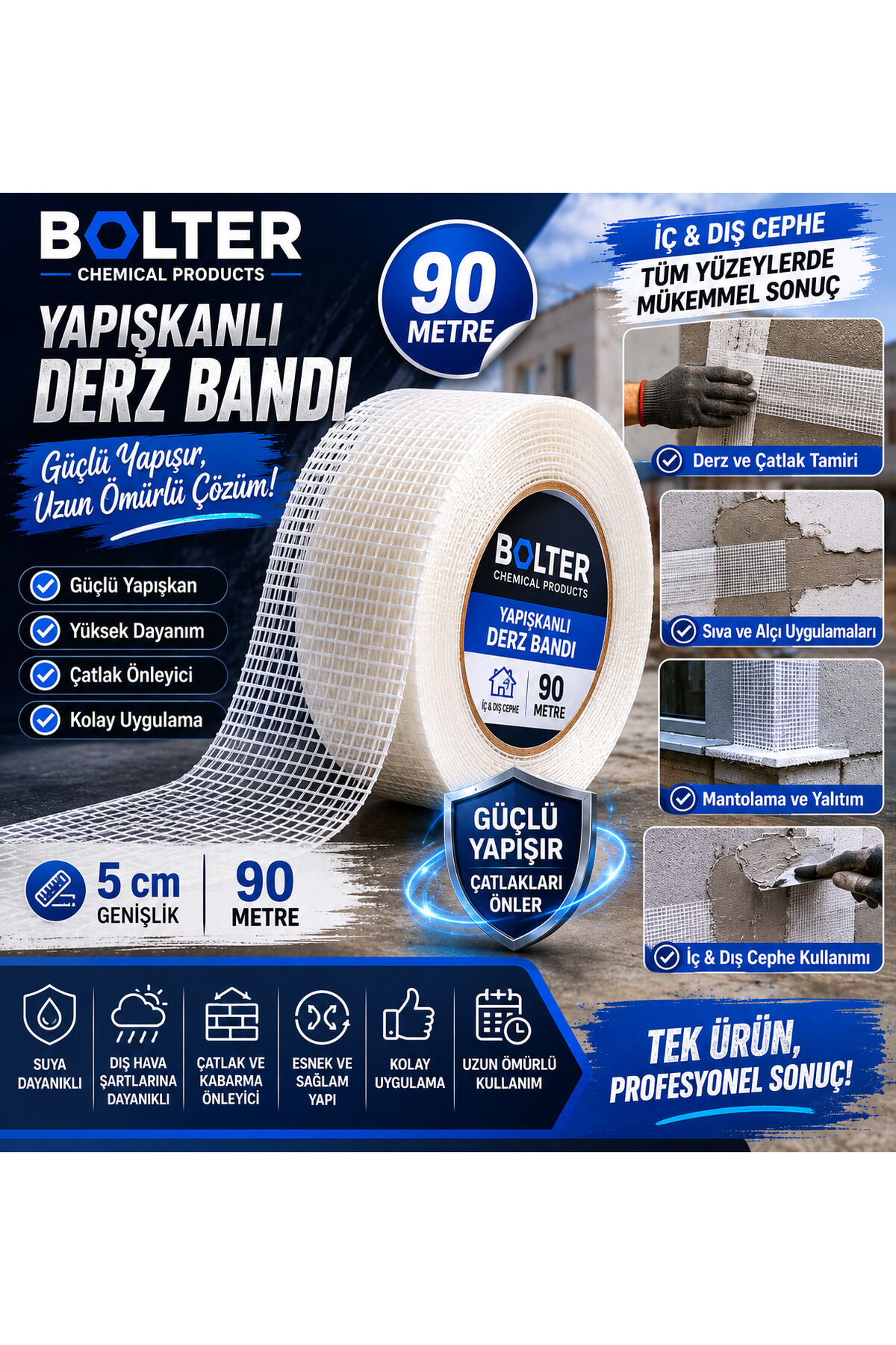Yapışkanlı Derz Bandı 90 Metre İç Dış Cephe Sıva Filesi 5 cm Tamir Sıvası Yalıtım Mantolama Bant