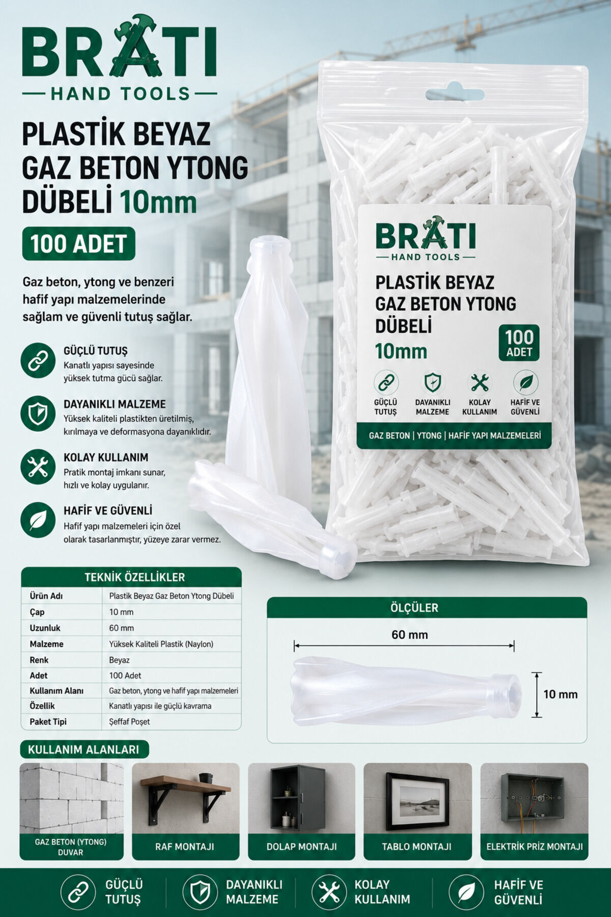 Beyaz Gaz Beton Ytong Dübeli 10 Mm 100 Adet Yutong