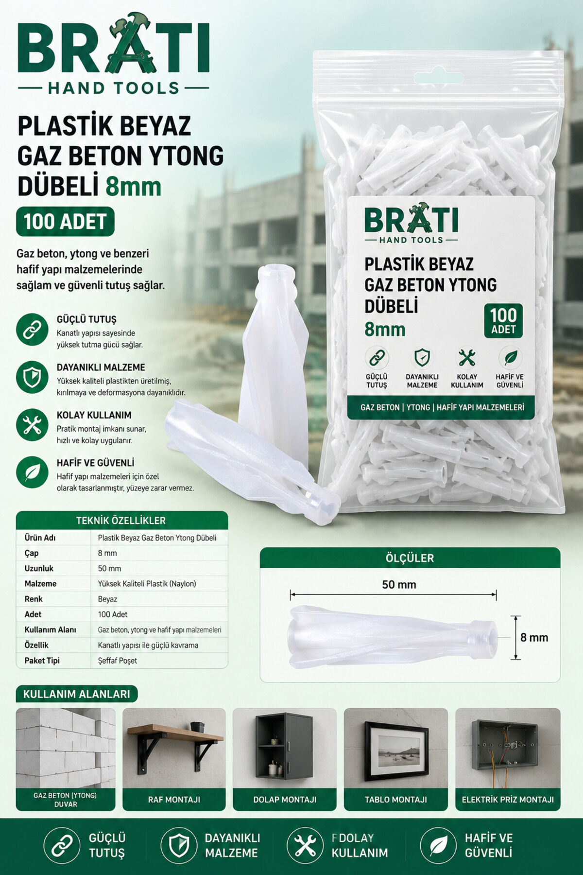 Plastik Beyaz Gaz Beton Ytong Dübeli 8 Mm 100 Adet Yutong