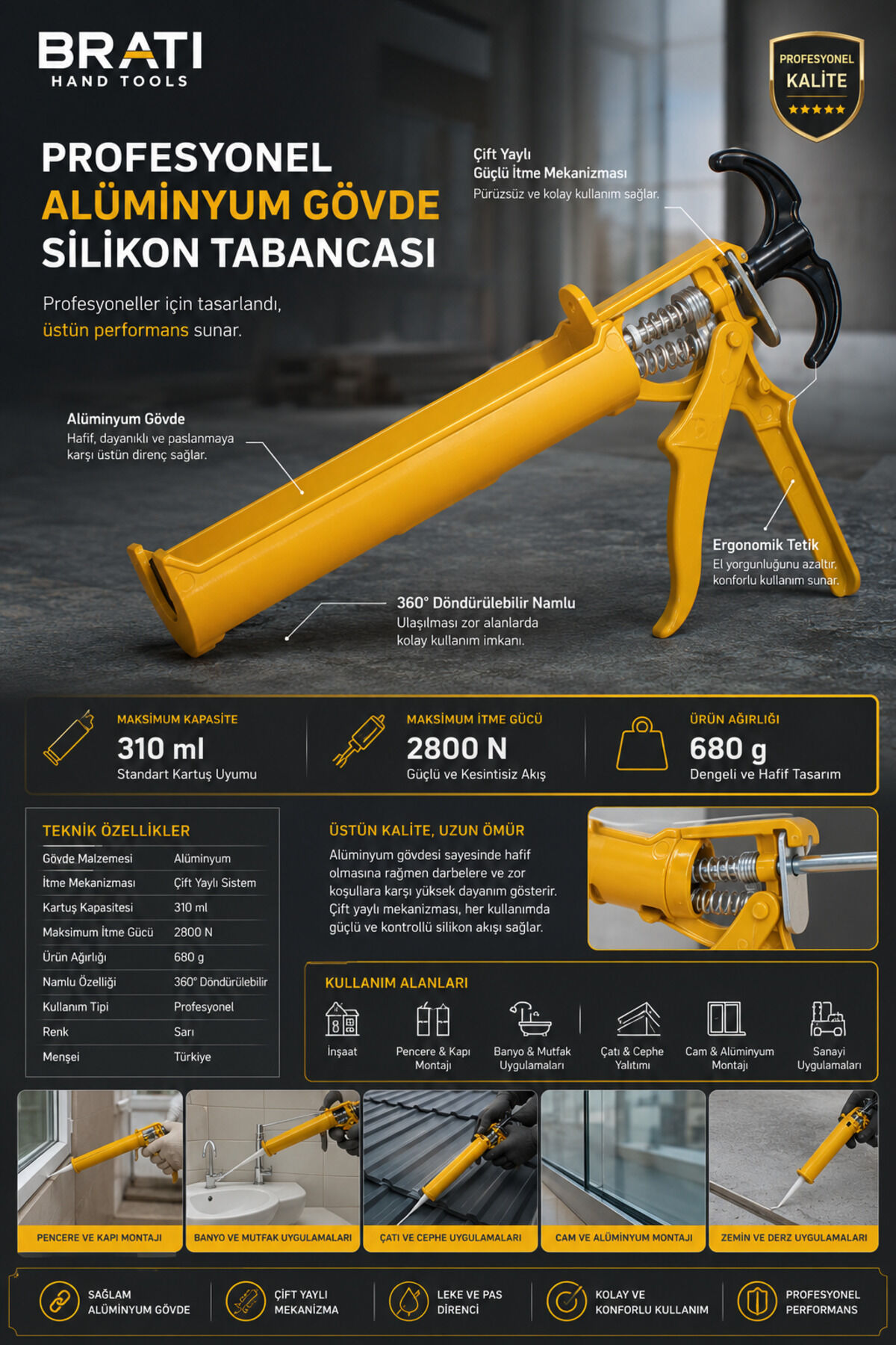 Profesyonel Alüminyum Gövde Silikon Tabancası