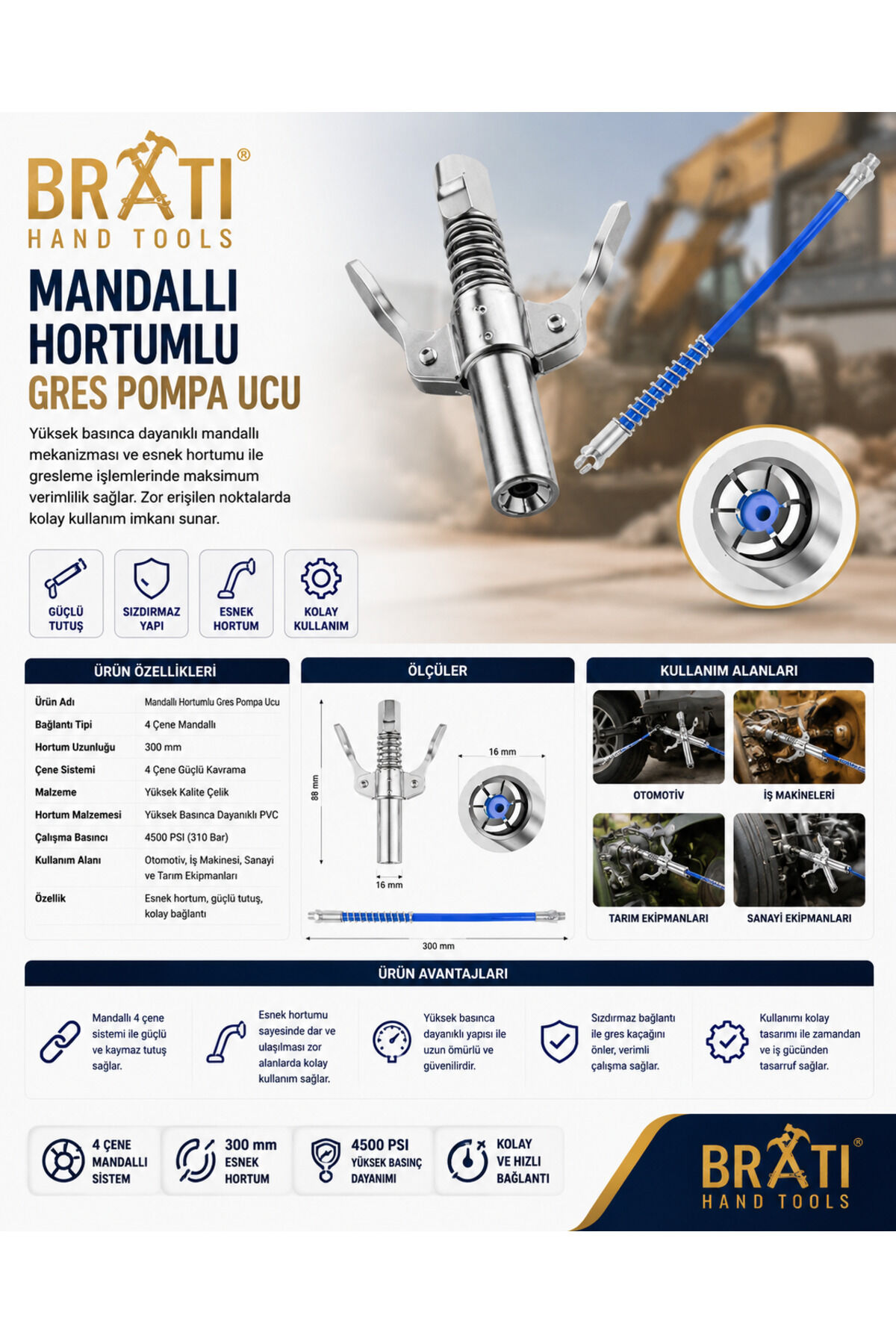 Mandallı Hortumlu Gres Pompa ucu