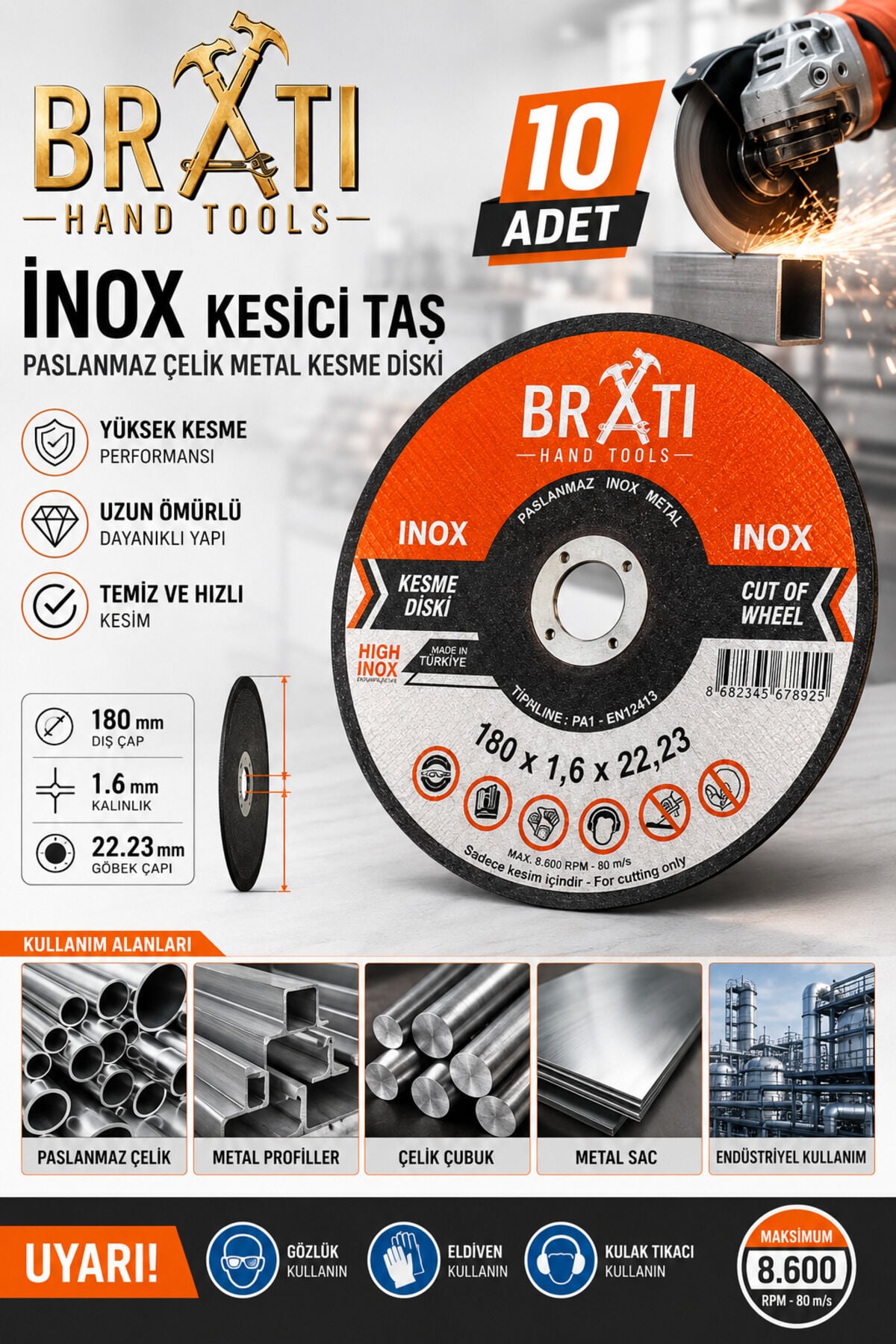 Profesyonel İnox Kesici 180x1.6x22.23 mm Paslanmaz Çelik Metal Kesme Diski Yüksek Performanslı 10 Adet