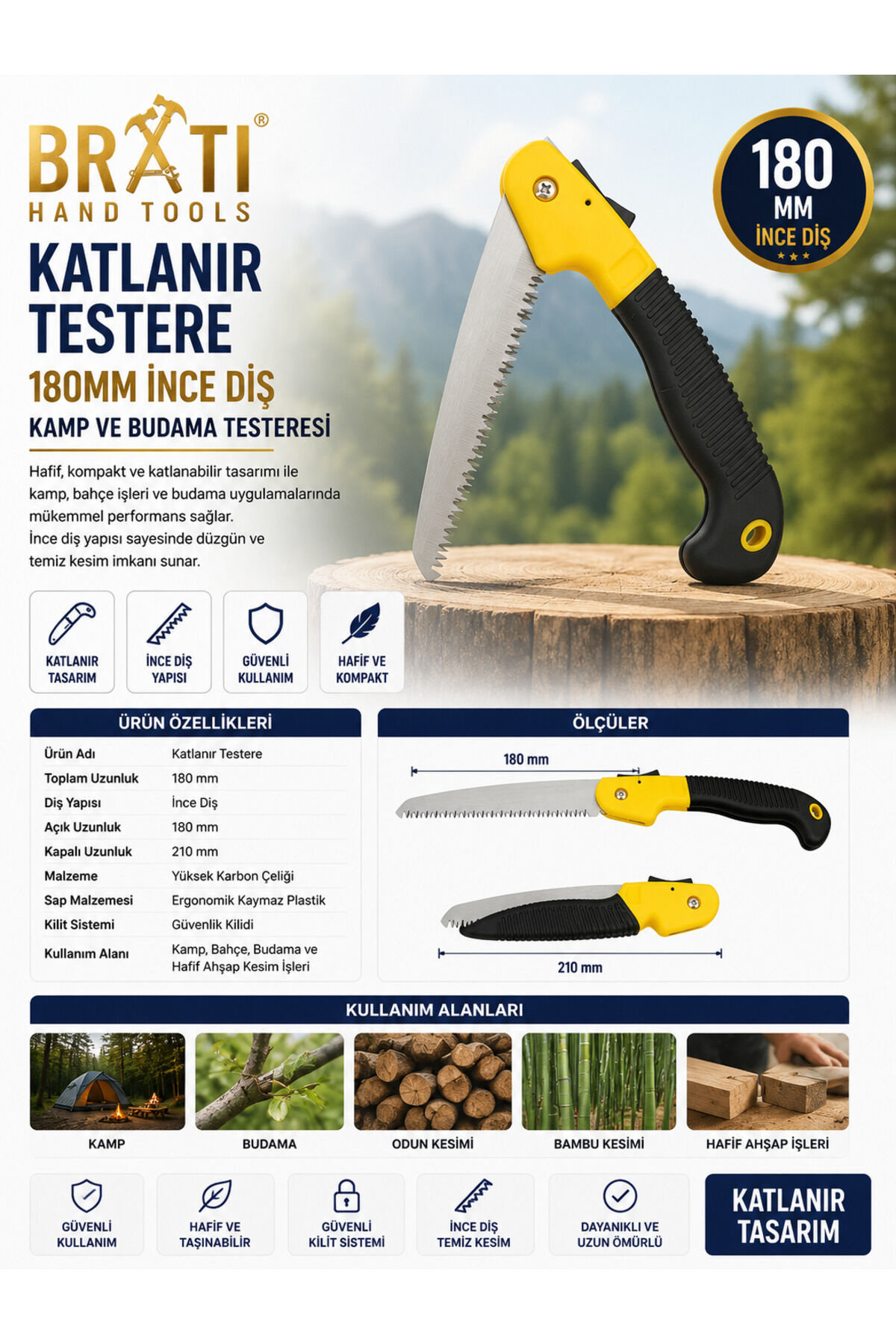 Katlanır Testere 180 mm İnce Diş Kamp Ve Budama Testeresi