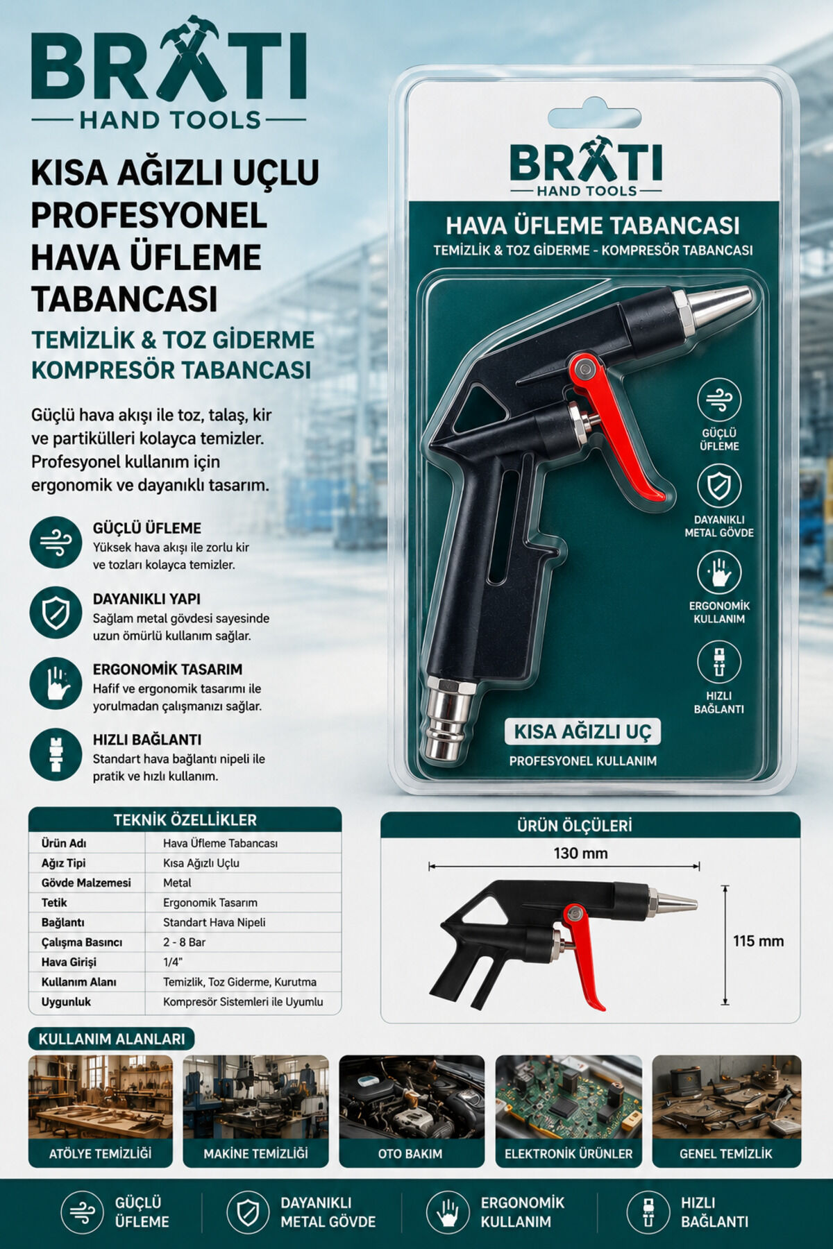 Kısa Ağızlı Uçlu Profesyonel Hava Üfleme Tabancası Temizlik Toz Giderme Kompresör Tabancası Metal Gövde