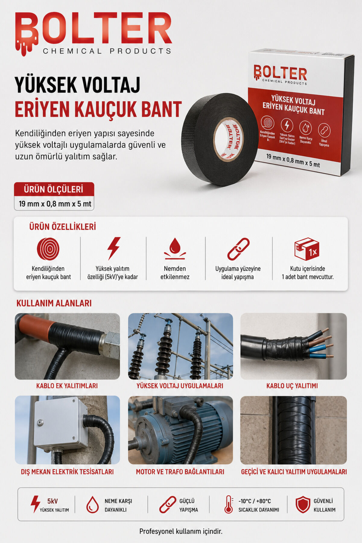Yüksek Voltaj Eriyen Kauçuk Bant 19mm x 5 Mt Eriyen Bant