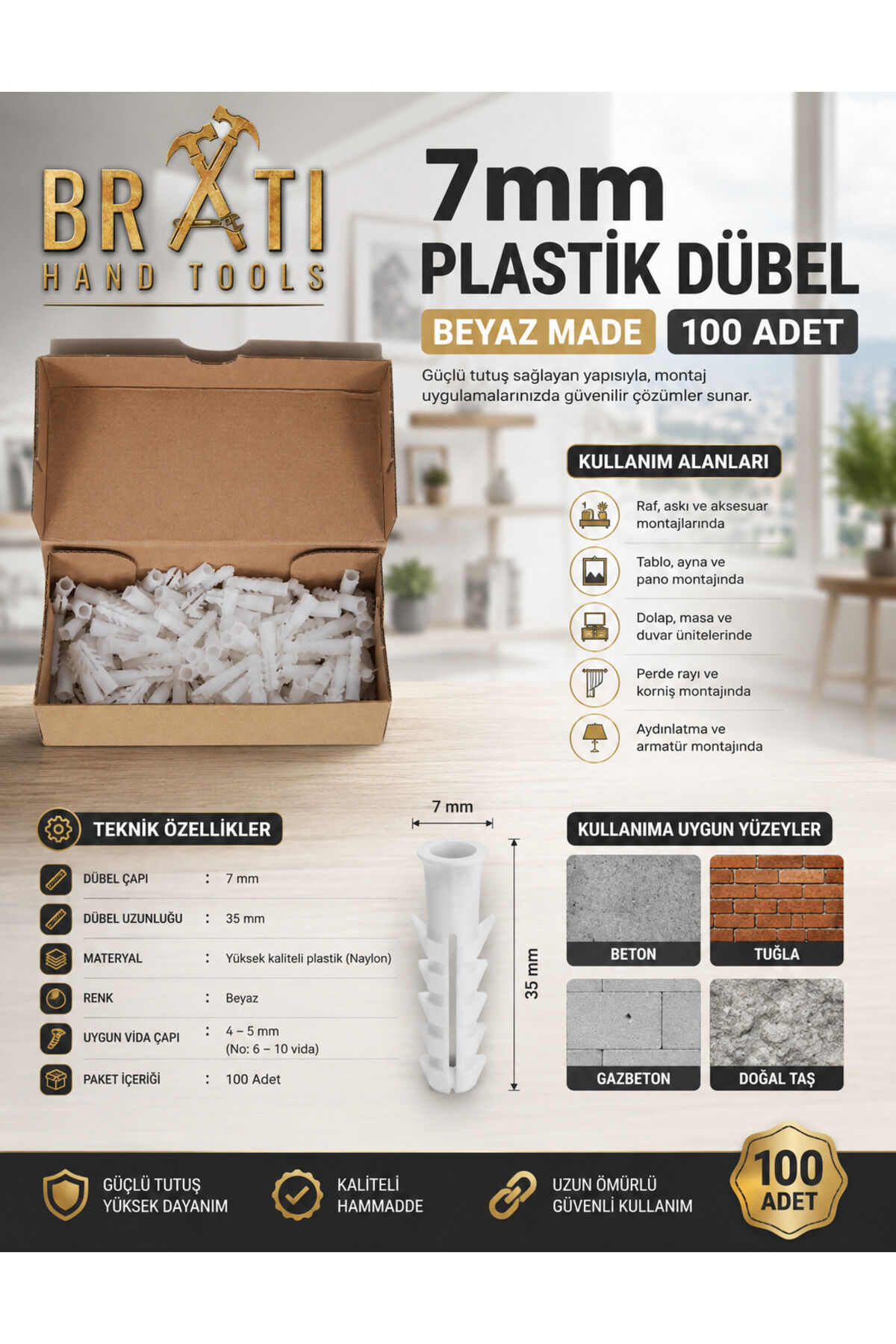 7mm Plastik Dübel Beyaz Made 100 Adet