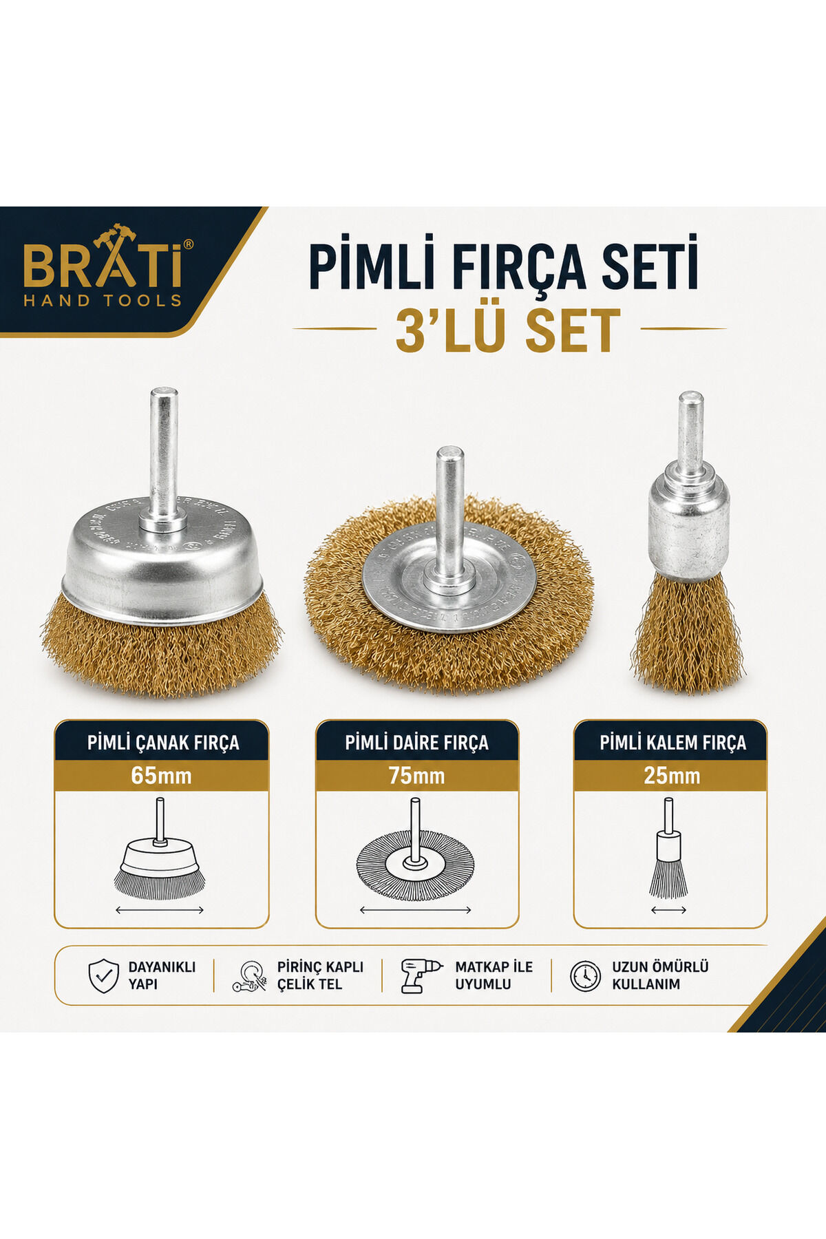 Pimli Fırça Seti 3'lü Set Yüzey Pas Temizleme Boya Sökme Fırçası 25mm 65mm 75mm