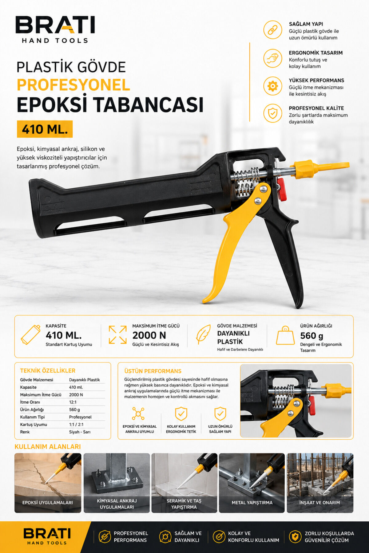 Plastik Gövde Profesyonel Epoksi Tabancası 410 Ml.