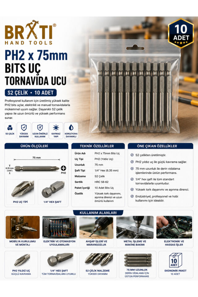 Ph2x75mm Bits Uç Tornavida Ucu S2 Çelik 10 Adet