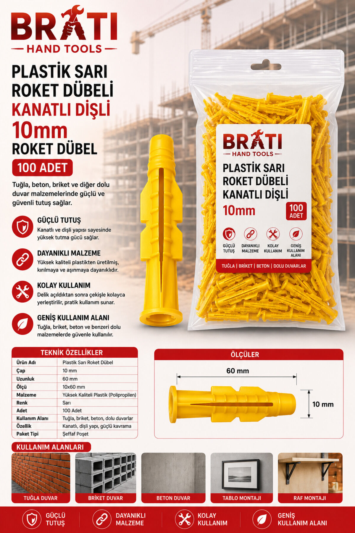 Plastik Roket Dübeli 10 Mm 100 Adet Sarı Dişli Kanatlı 10x60mm Dübeli
