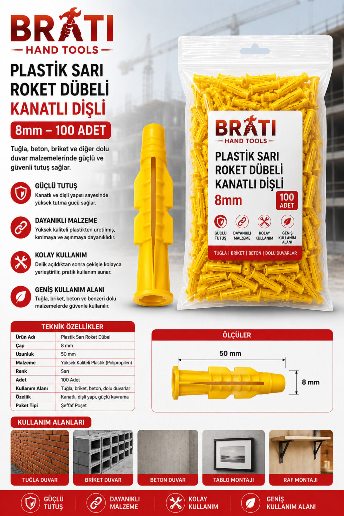 Plastik Roket Dübeli 8 Mm 100 Adet Sarı Dişli 8x50mm Dübeli