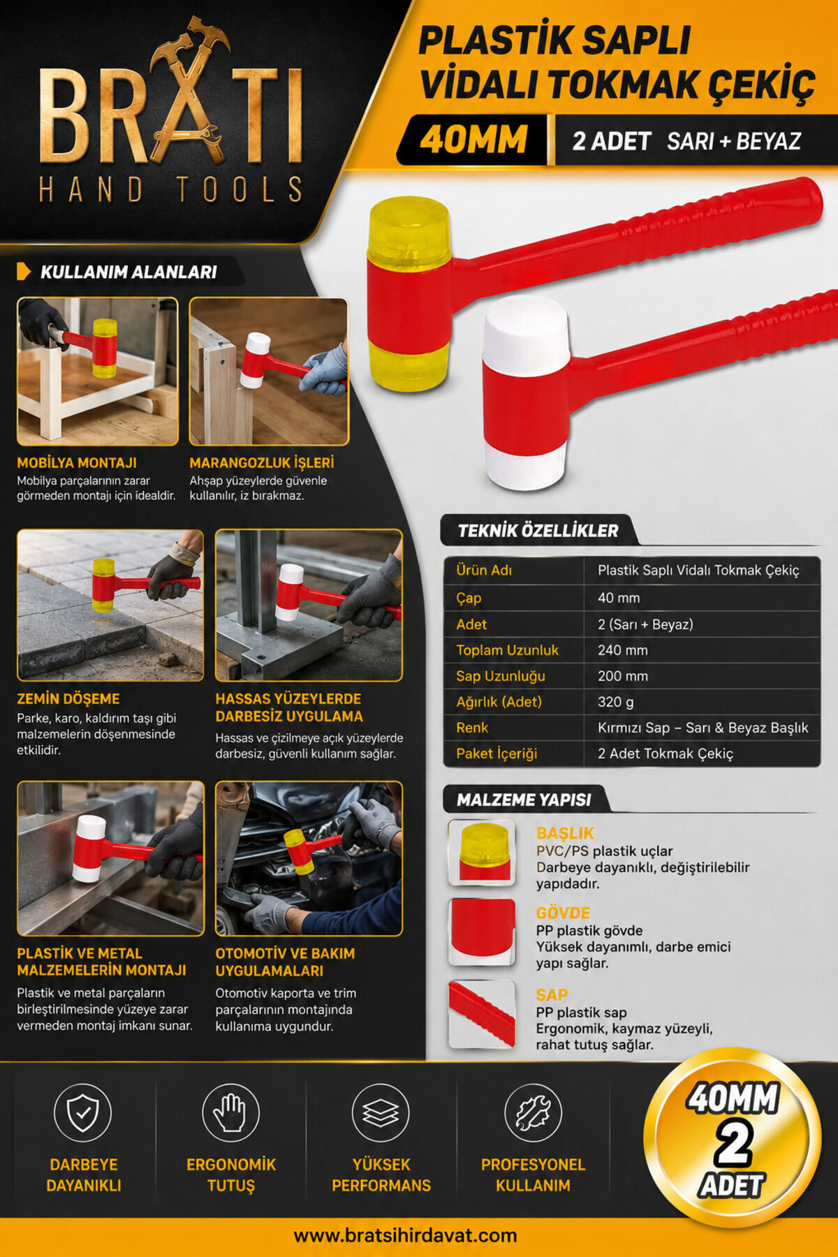 Plastik Saplı Vidalı Tokmak Çekiç 40Mm 2 Adet Sarı + Beyaz