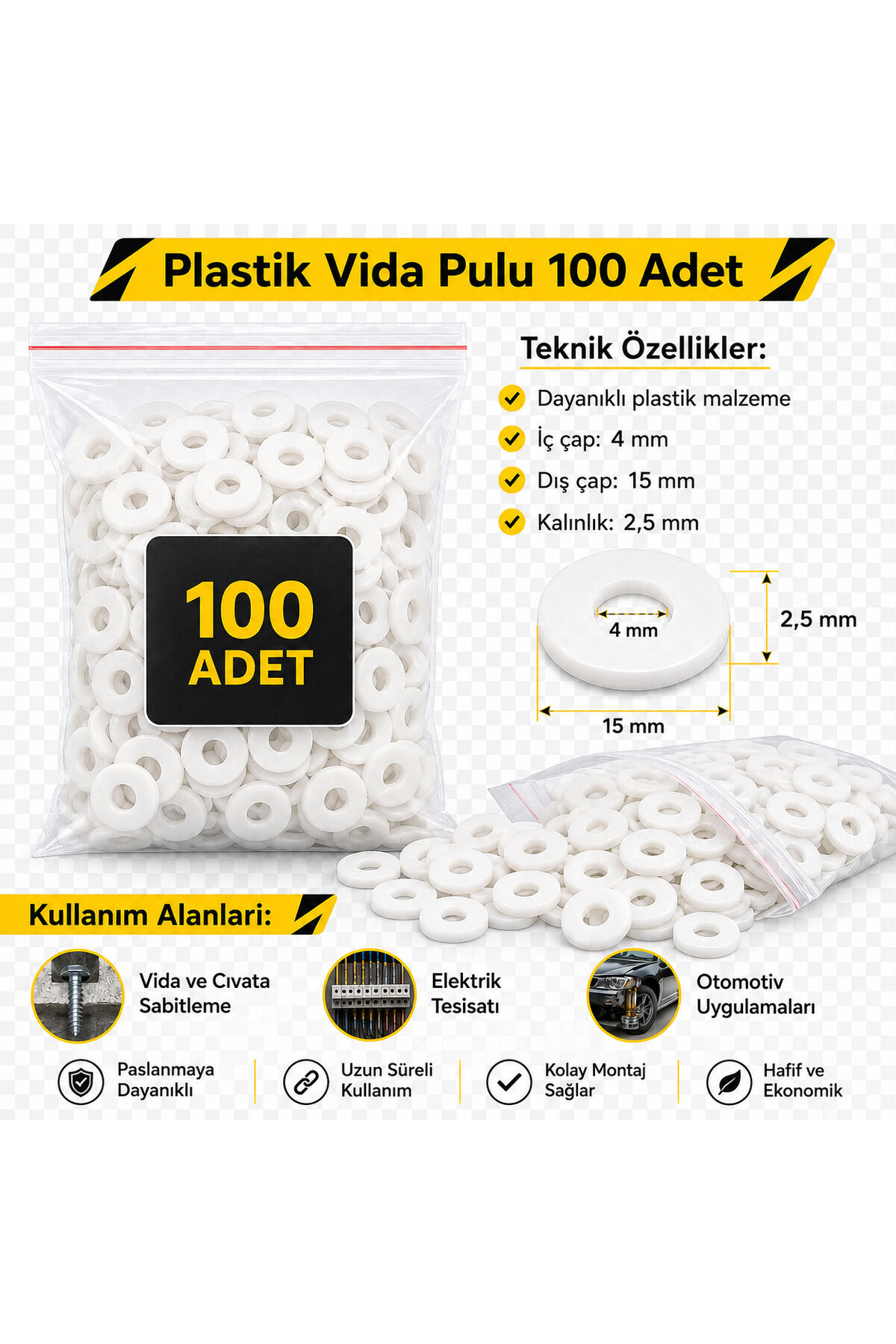 Plastik Vida Pulu Korneş Vida Rondelası 100 Adet