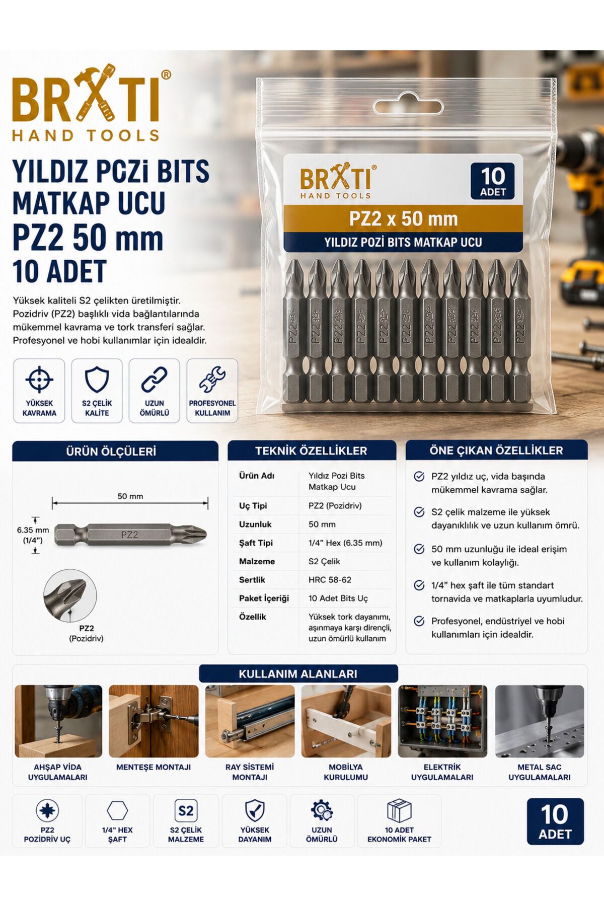 Yıldız Pozi Bits Matkap Ucu PZ2 50 Mm 10 Adet