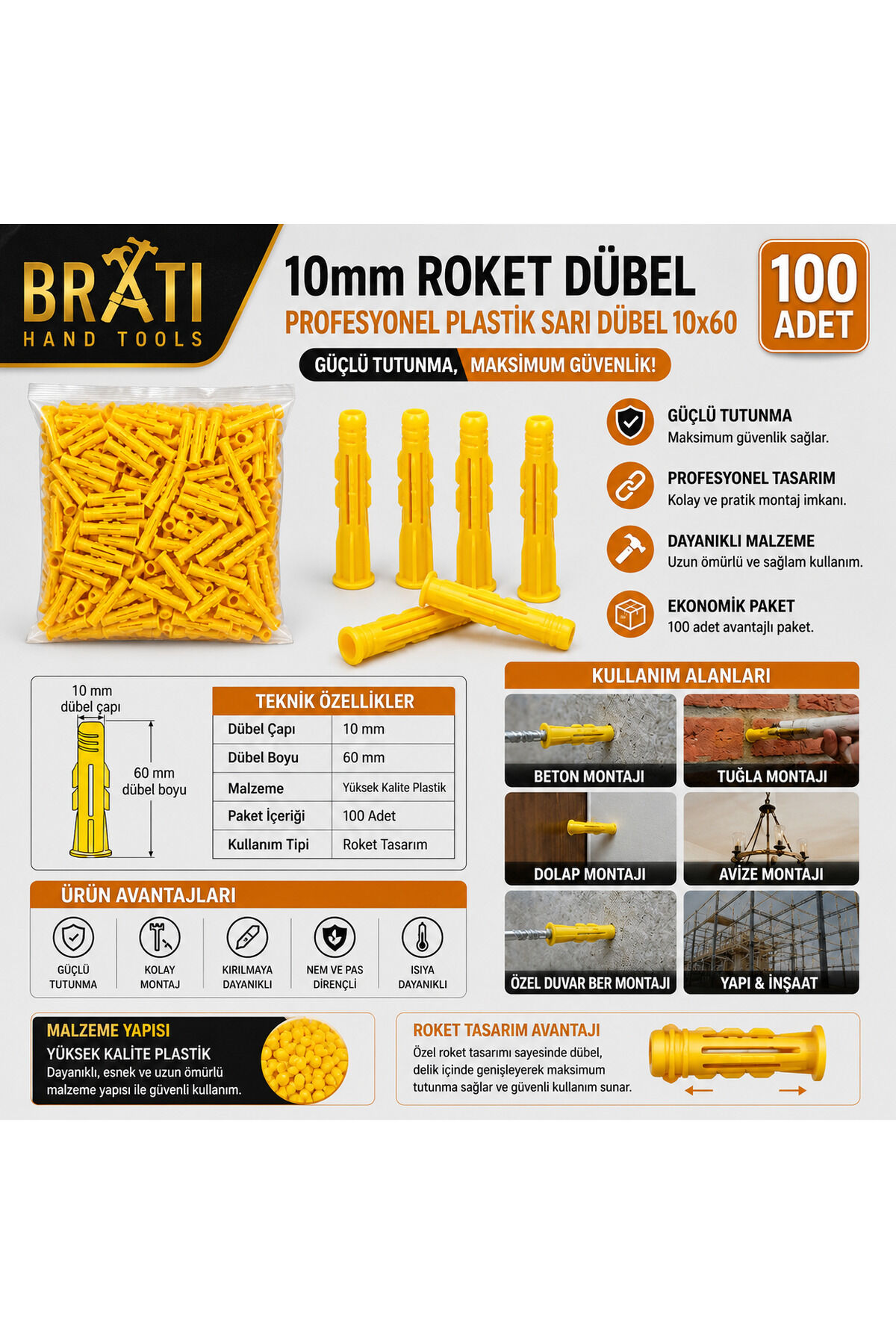 10mm Roket Dübel Profesyonel 10mm Plastik Sarı Dübel 10*60 (100 ADET)
