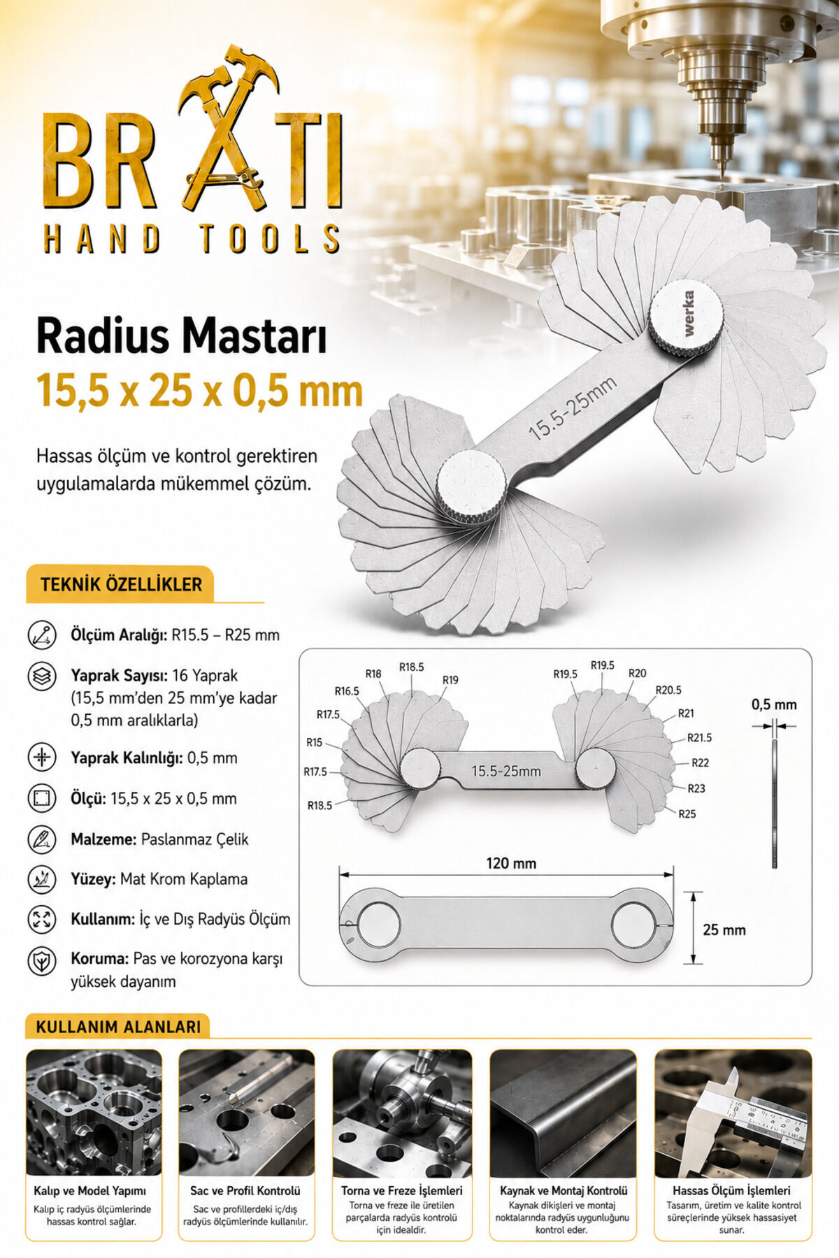 Radius Mastarı 15,5 x 25 x 0,5 mm Radiyus Mastarı