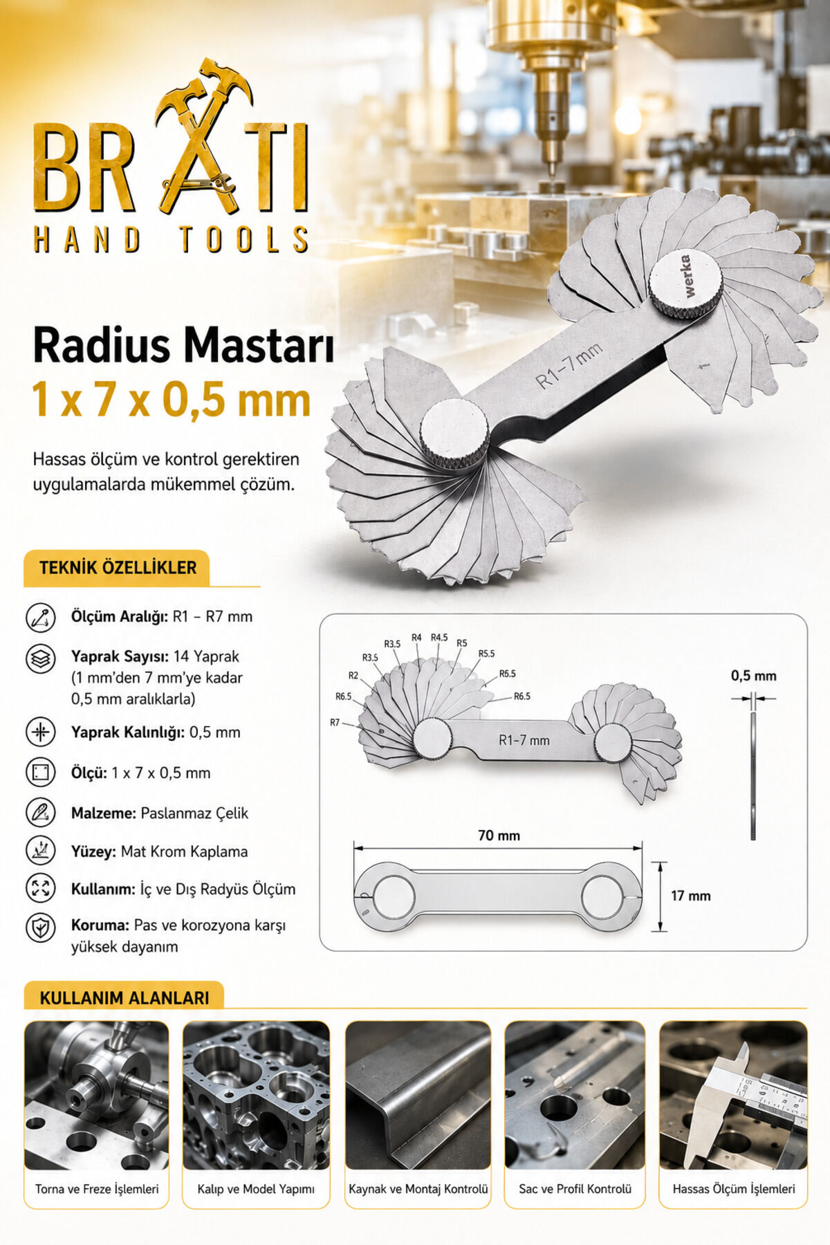 Radius Mastarı 1 x 7 x 0,5 mm Radyus Mastarı